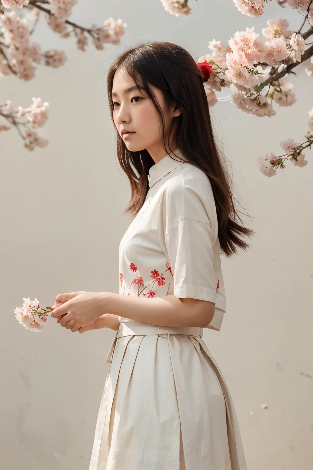 Chinese dry brush line-drawn extremely minimalist simplistic neutral colored image of 1 beautiful Chinese aged girl surrounded with red flower blossoms on stems like cherry blossoms, the only background is aged parchment texture