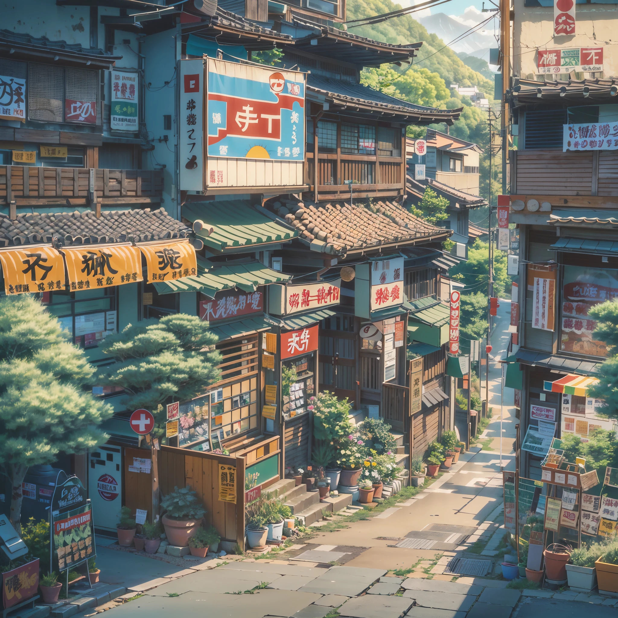 anime background, anime wallpaper, anime, anime-style, lofi, lofi style, rural japanese street on the edge of a mountain, mountains, uphill, modern japanese architecture, japanese convenience store, big retro japanese shop signs, retro japanese store, trees, plants, rocks, plant pots, shop signs, japanese banners, japanese signs, flags, empty street, no one in sight, (no one: 1), best quality, wide-view, street going uphill, buildings tight together, day-time, night, single building, empty street, bright-blue sky
