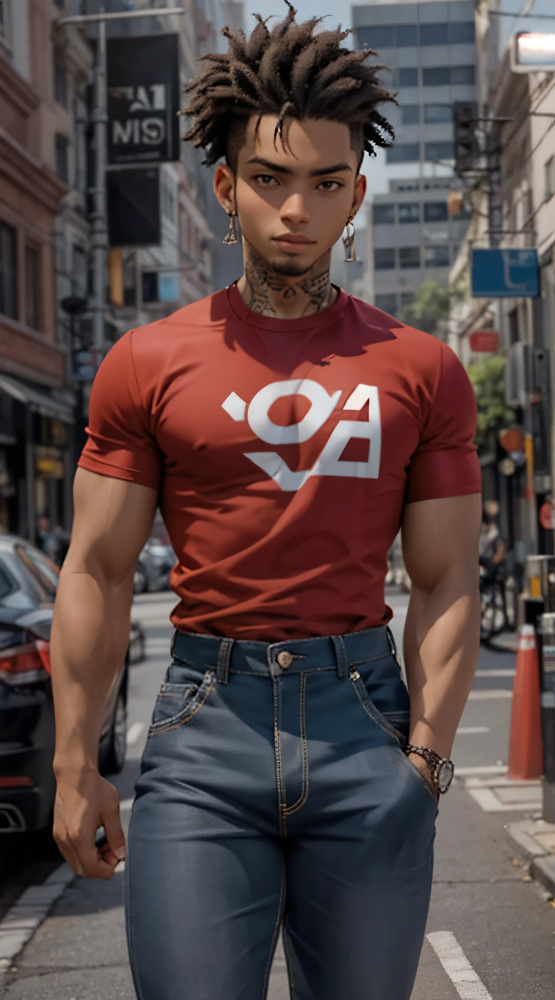 21 years old man , black man. dark skin, curvy hair, red shirt and blue pants, tattoos on his arms