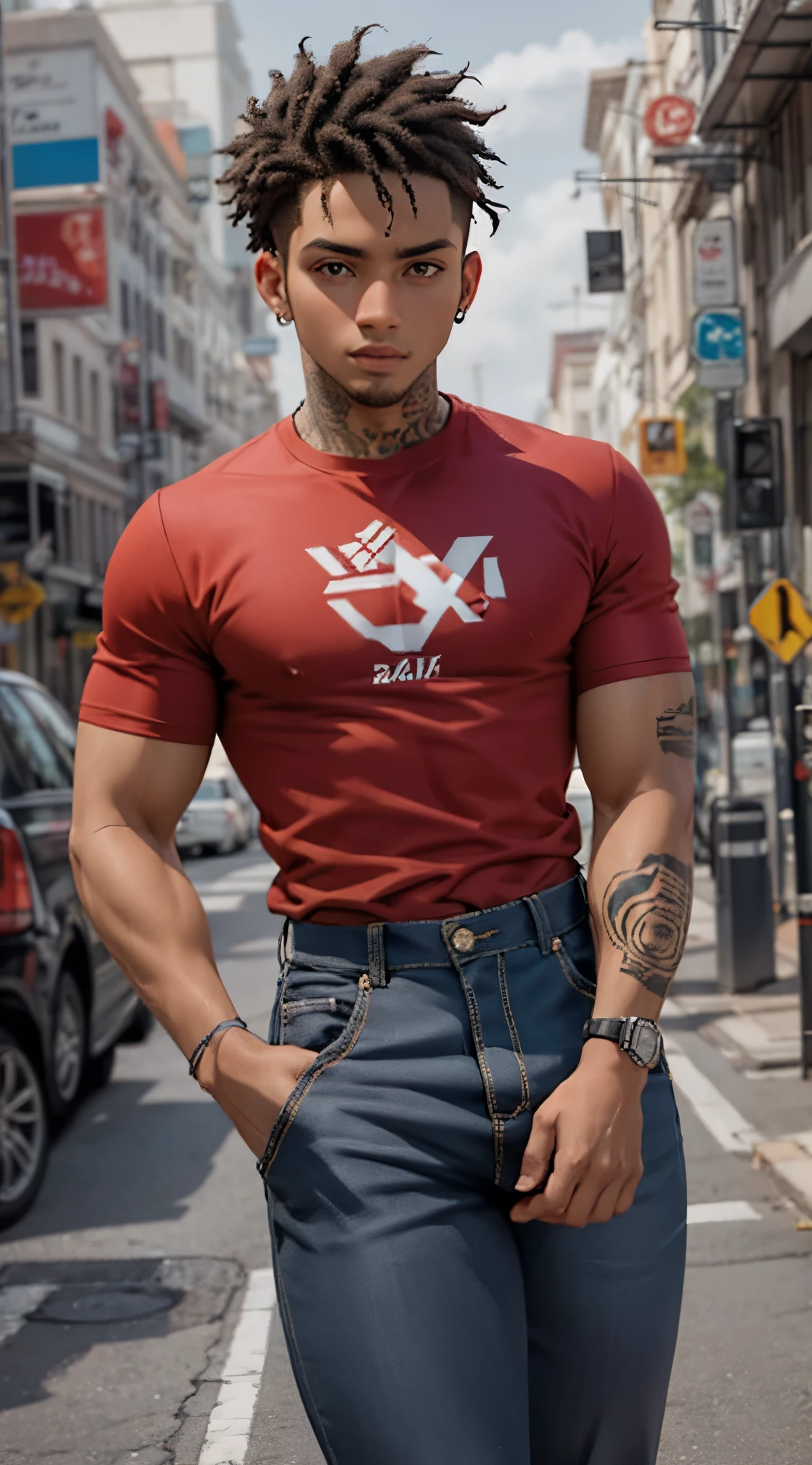 21 years old man , black man. dark skin, curvy hair, red shirt and blue pants, tattoos on his arms
