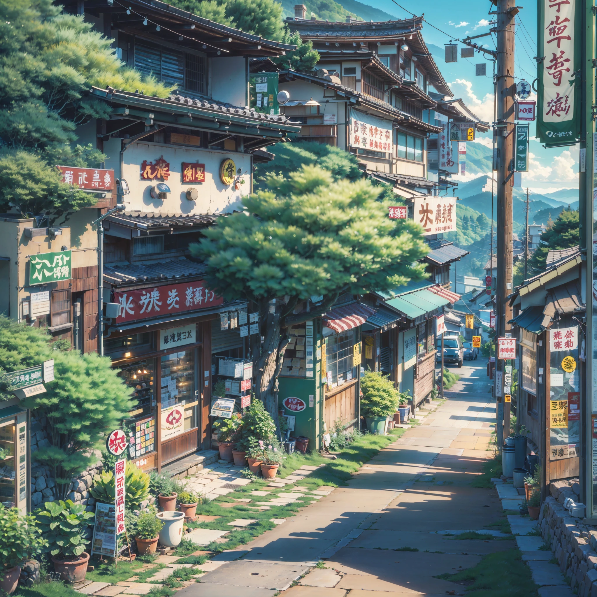 anime background, anime wallpaper, anime, anime style, lofi, lofi style, rural japanese street on the edge of a mountain, mountains, uphill, modern japanese architecture, japanese convenience store, big retro japanese shop signs, retro japanese store, trees, plants, rocks, plant pots, shop signs, japanese banners, japanese signs, flags, empty street, no one in sight, (no one: 1), best quality, wide view, street going uphill, buildings tight together, night time, night