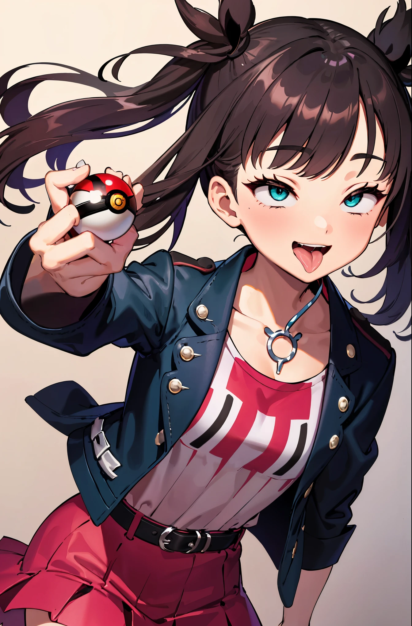 masterpiece, best quality, high resolution, Hamani, aqua eyes, black collar, red belt, pink skirt, jewelry, black jacket, open clothes, long sleeves, Cowboy shooting, Permanently installed, venue, holding poke ball, poke ball \(basic\), Smile, open mouth,Yeah roll your eyes and tongue