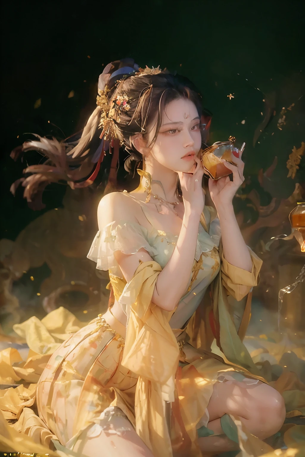 ((Masterpiece: 1.5)), ((8K, Ultra High Definition: 1.3)), Dynamic image: 1.1, Amber-colored iced tea: 1.2, Crystalline ice cubes: 1.4, Suspended mid-air: 1.3, Splash effect: 1.4, Rich textures: 1.2, Decorative cup: 1.3, Slice of lemon: 1.5, Pop of yellow: 1.2, Fresh green mint leaves: 1.4, Scattered around: 1.3, Refreshing look: 1.2, Deep red background