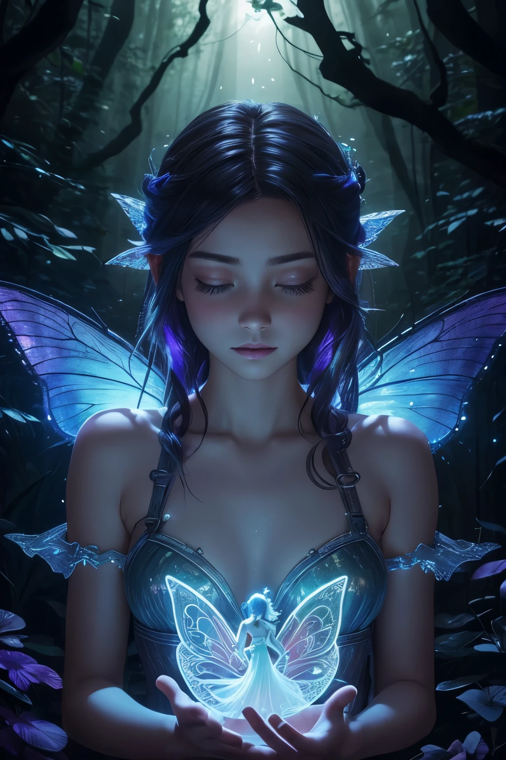 A captivating, high-detailed realistic artwork of a fairy girl, exuding a cool vibe, features a small nose and an upper body photo. The transparent porcelain creature, with glowing backlit panels and anatomical plants surrounding her, assumes a sleeping position. The setting is a dark forest, with a grainy, shiny texture that adds to the mystical atmosphere. Vibrant colors contrast against the shadows, creating a cinematic effect reminiscent of a movie still from the Final Fantasy VII remake. The smooth skin of the fairy girl gleams, and surreal objects float around her with a glow, their colors merging seamlessly with her aura. The aura itself