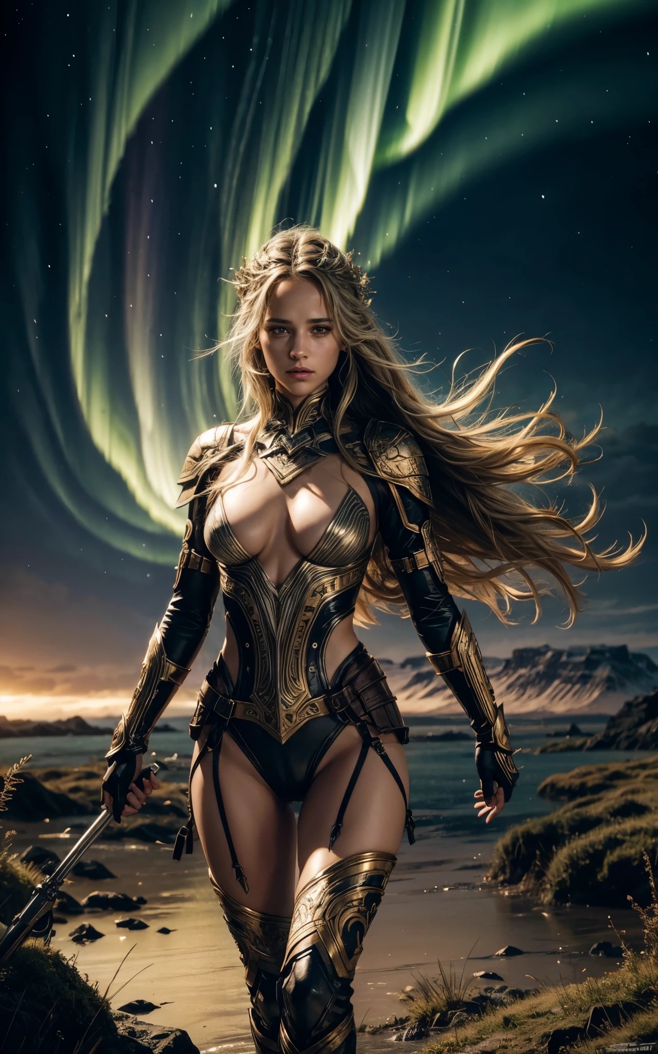 (Alicia Vikander) is Freya the nordic goddess, pale skin, messy, Full body, Beautiful anime waifu style girl, hyperdetailed painting, luminism, art by Carne Griffiths and Wadim Kashin concept art, Iceland background, northern lights, abstract beauty, approaching perfection, pure form, golden ratio, minimalistic, dark atmosphere, unfinished, concept art, intricate details, 8k post production, high resolution, hyperdetailed, trending on artstation, sharp focus, studio photo, intricate details, highly detailed,