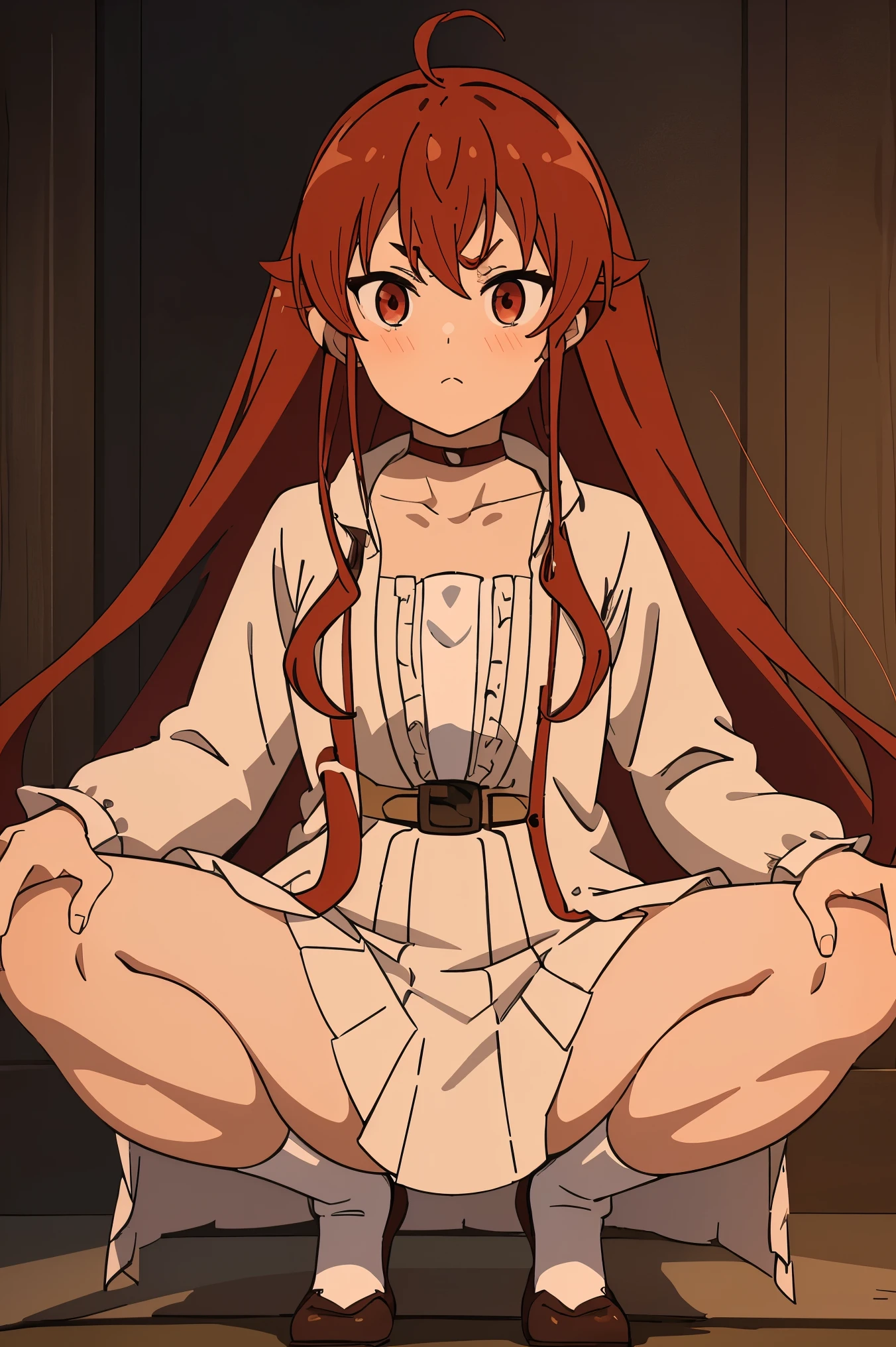 Eris,1 girl,red hair，blush,  ，small breasts,wing collar,Open collar,collared shirt,white dress shirt,brown cardigan sweater,buttons,Fluffy long sleeves,Purple pleated miniskirt,white loose socks, blue footwear,slippers, ((Squatting, spread your legs)),