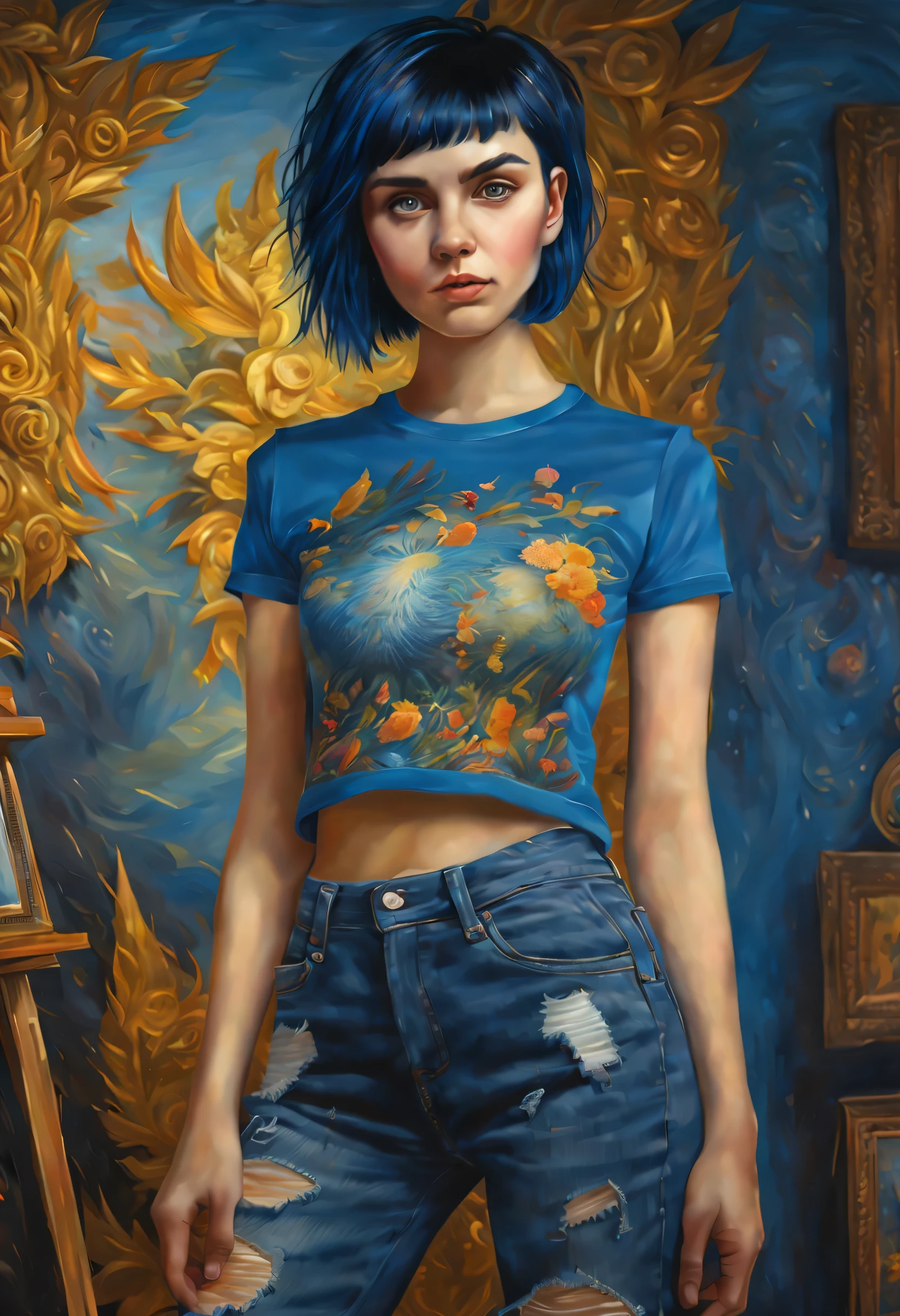 1 girl, ((I&#39;m looking at the viewer)), dark blue hair, Black eyes, very short hair, spiky hair, Ahoge, t-shirt, high waist jeans, (Victor-Nizovtsev&#39;s style), (lush oil painting), difficult, unusual detailing,
((Best quality)), ((Masterpiece)) , ((Realistic)), 8K, expressionism:1.2