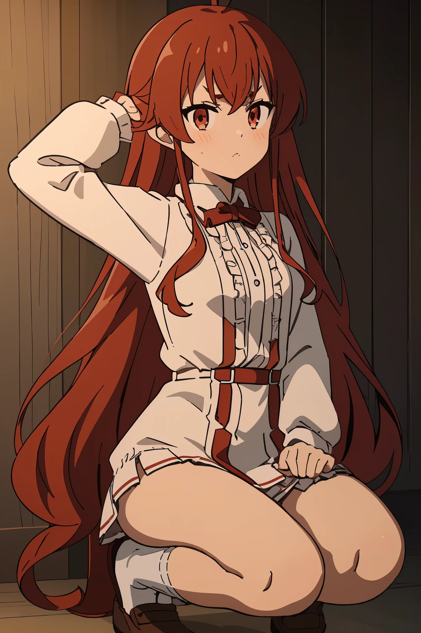 Eris,1 girl,red hair，blush,  ，small breasts,wing collar,Open collar,collared shirt,white dress shirt,brown cardigan sweater,buttons,Fluffy long sleeves,Purple pleated miniskirt,white loose socks, blue footwear,slippers, ((Squatting, spread your legs)), white panties,raise arms， Arms behind head，