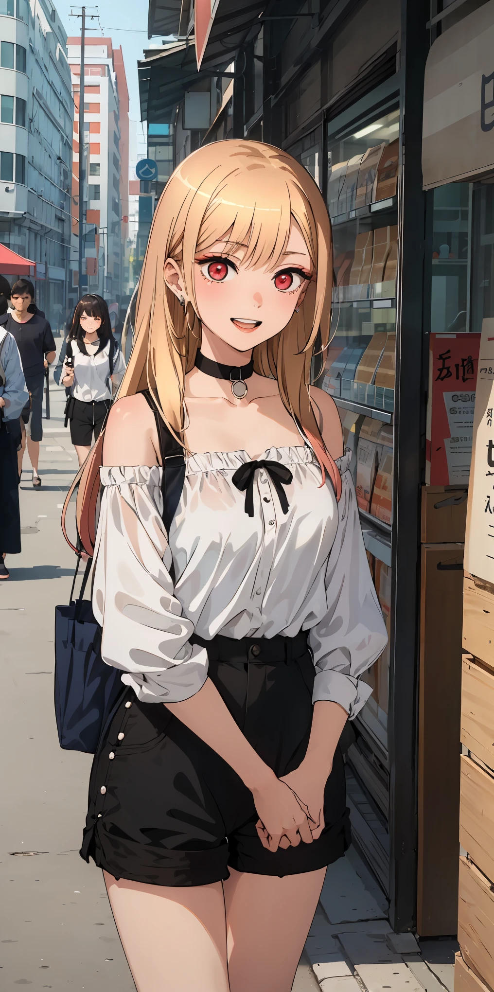 best quality, (masterpiece:1.2), detailed,
Beichuan Marine SB,
1 girl, alone, teeth, bright smile, earrings,
long hair, blonde hair, red eyes, colorful hair, black ribbon, black collar,
black shorts, White shirt, Off the shoulders, shirt tucked in,
Permanently installed, looking at the audience,
Outdoor activities, Shopping