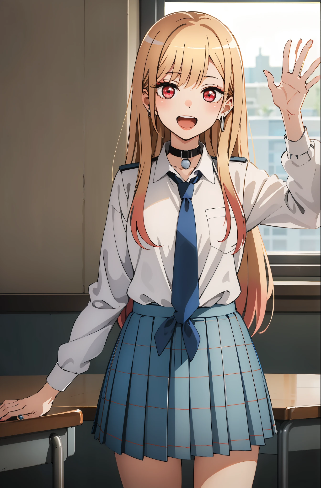 best quality, (masterpiece:1.2), detailed,
Beichuan Marine SB,
1 girl, alone, open mouth, Smile, teeth,
long hair, blonde hair, red eyes, colorful hair, earrings,
Uniforms, collar, White shirt, pleated skirt, blue skirt, blue tie,
Permanently installed, looking at the audience,
classroom