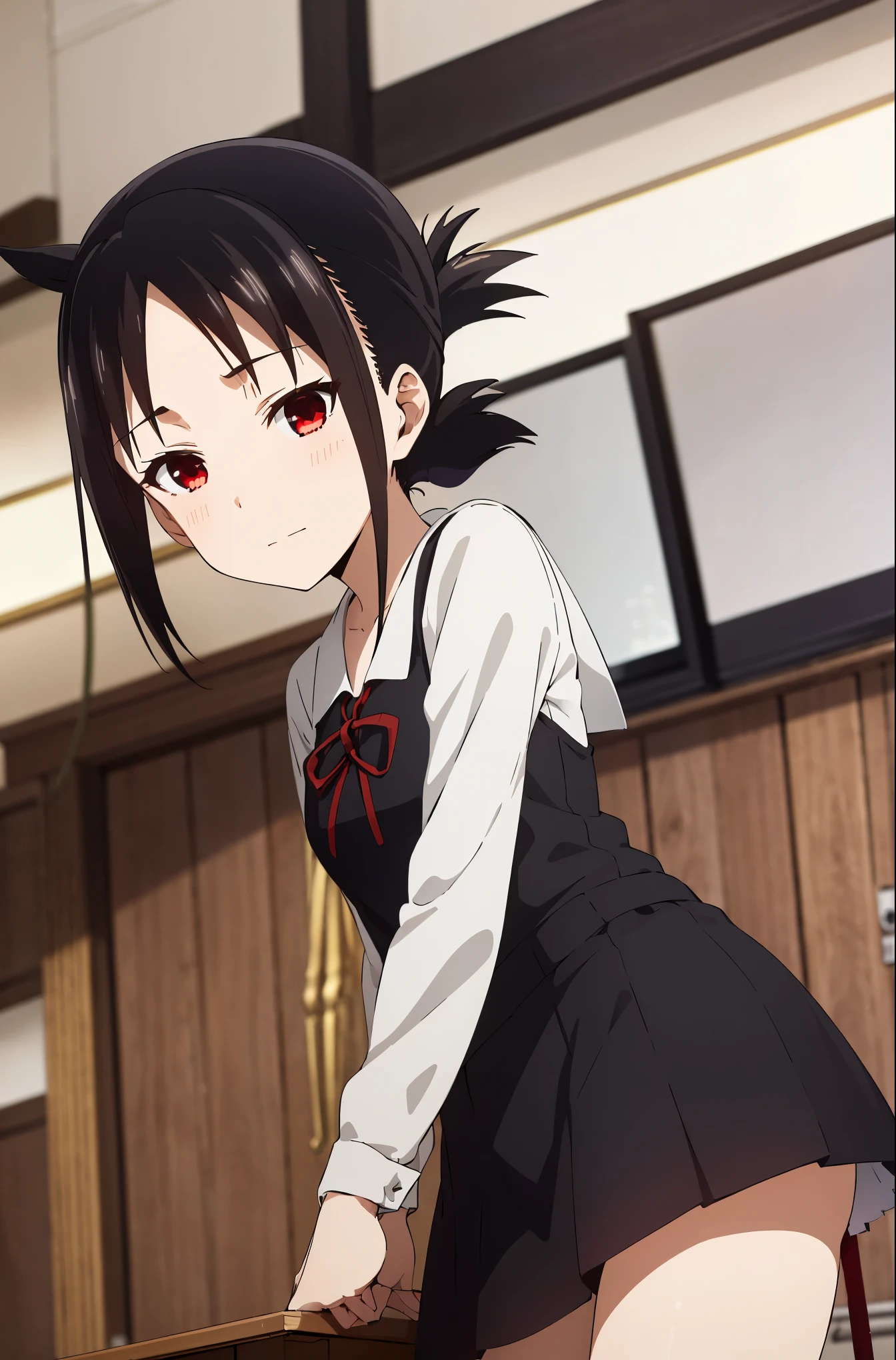 best quality, (masterpiece:1.2), detailed,
Shinomiya Kaguya,
1 girl, alone, Keep your mouth shut, faint smile,
black hair, red eyes, short hair, folded ponytail, Headband,
Uniforms, black skirt, long sleeves, red belt,
Permanently installed, looking at the audience,
classroom