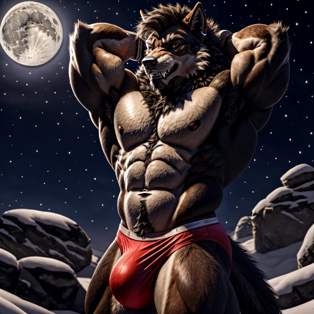 werewolf, male, ((solo)), muscular, Muscle: 3, pecs, abs, Pectoral Muscle: 1.1, fur, tail, canine, underwear, big bulge, scar on body, hands behind head, correct anatomy, canine teeth, smiling, hair, middle-aged, photorealistic, depth of field, high dynamic range, moon in the background, night,