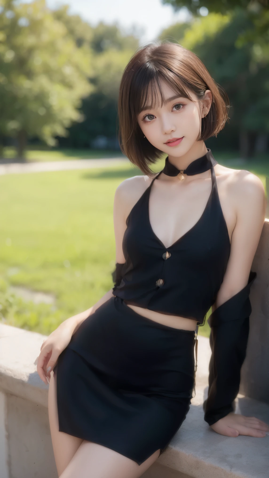 (original photo:1.2),(lifelike:1.4),(masterpiece:1.3),(best quality:1.4),ultra high resolution,
human development report,8k resolution,
dreamlike,
View comments,Request a comment,landscape,((No text)),
alone focus, (whole body),
(exquisite eyes),(Detailed facial features), (Detailed clothing features),
tight skin, (skin shiny),(slim girl),(slim girl),
(1 girl,alone),virtual girl rin, happy, Smile, (small breasts), Bangs, bob hair, short hair, brown hair, brown eyes, black collar,
university student, bare shoulders,Chinese dress,Chinese clothes,short skirt,cleavage cutout,side breasts,