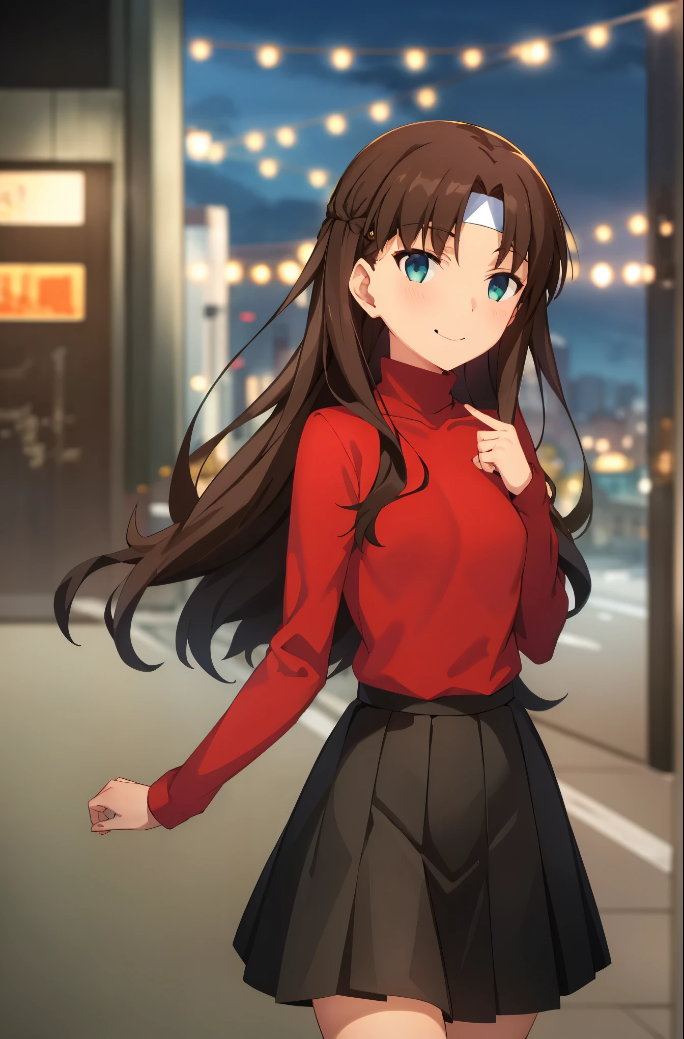 best quality, (masterpiece:1.2), Very detailed,
City, Cityscape, night,
Rin Harusaka,
1 girl, alone, Permanently installed, looking at the audience, Smile, Keep your mouth shut, slight blush,
long hair, sides up, brown hair, blue eyes, Headband,
red turtleneck sweater, long sleeves, pleated skirt, black skirt, black stockings