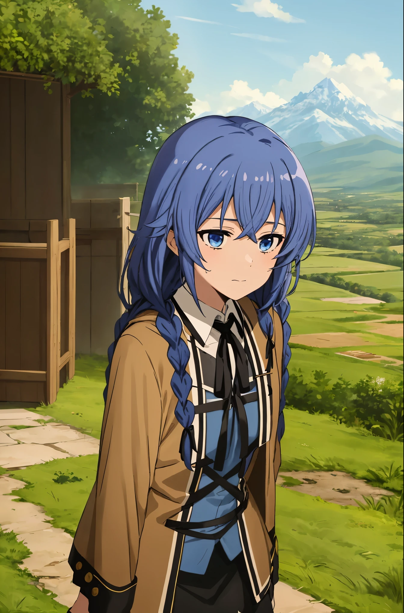 best quality, (masterpiece:1.2), detailed,
1 girl, alone, Keep your mouth shut, faint smile,
double braids, long hair, blue hair, ahog, blue eyes,
white dress, neck strap, black ribbon, black skirt, brown cloak,
Permanently installed, looking at the audience,
Outdoor activities, Grass, tree, Mountain