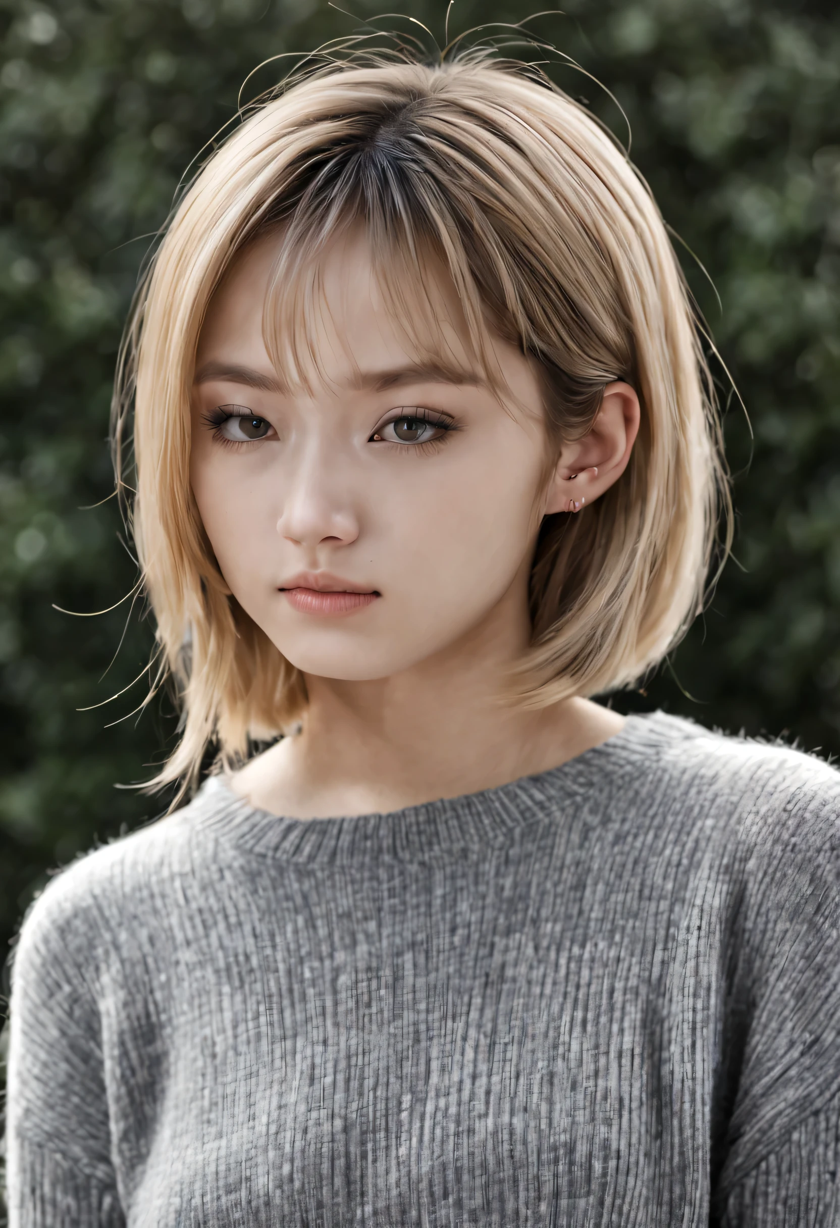 de 21 anos, Asian, lindo, bonitinho, ultrarealistic, cabelo medio, cabelo loiro, alta qualidade, corte de borboleta, gray sweater
