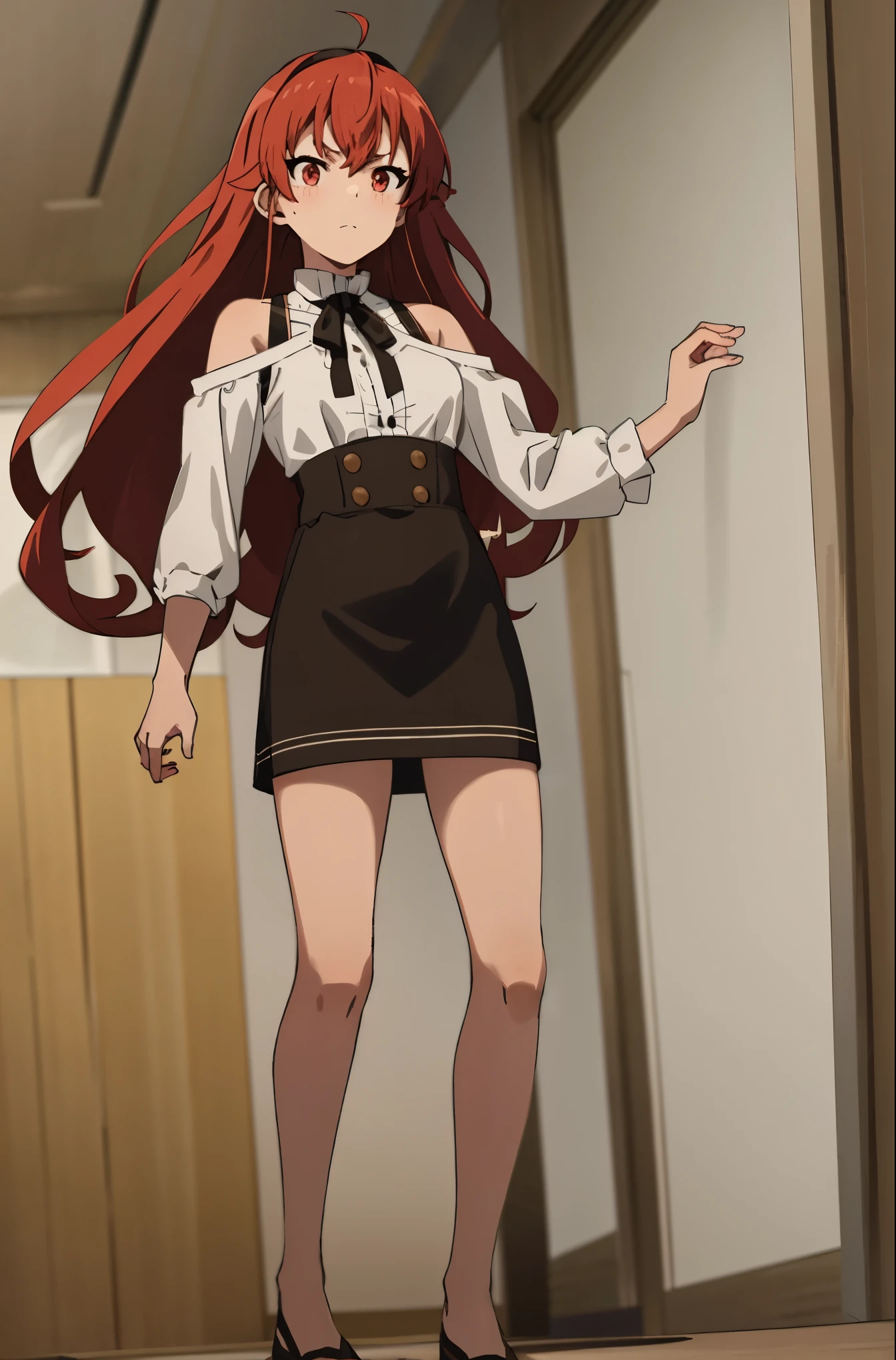 best quality, (masterpiece:1.2), detailed,
1 girl, alone, Keep your mouth shut, faint smile,
long hair, Red hair, ahog, red eyes, black headband,
white dress, bare shoulders, neck strap, black ribbon, Dark brown skirt, long sleeve standing, looking at the audience,
indoors, window