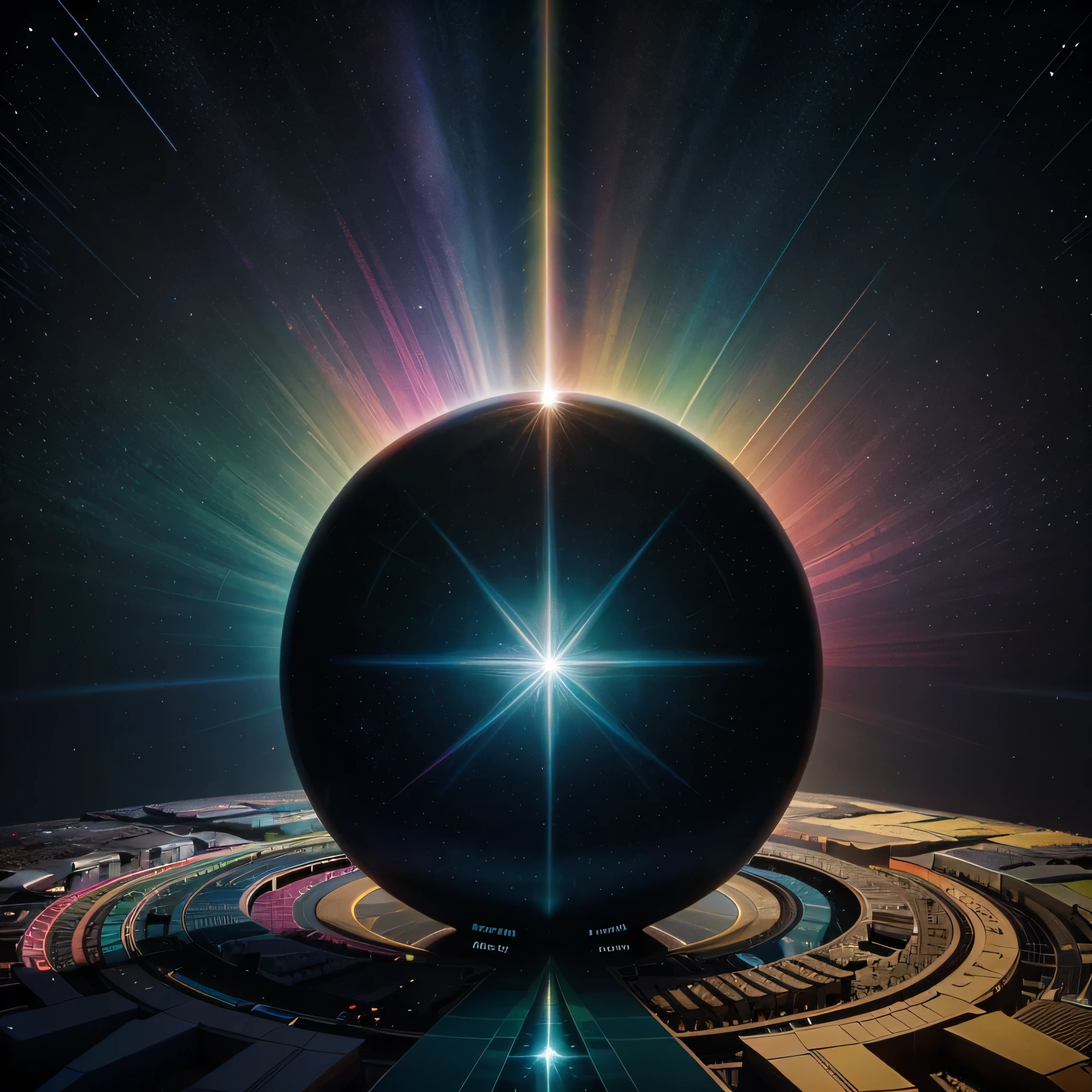 a close-up of a star with a sky background, arte vetorial multicolorida, prismatic halo, white circle in the center with fade, feito com ilustrador, inspirado em Petros Afshar, feito inteiramente de gradientes, Threyda, still rainbow ophanim, prismatic, beeple style hybrid mix, estrelas coloridas, coherent symmetrical art, prism, arte oficial