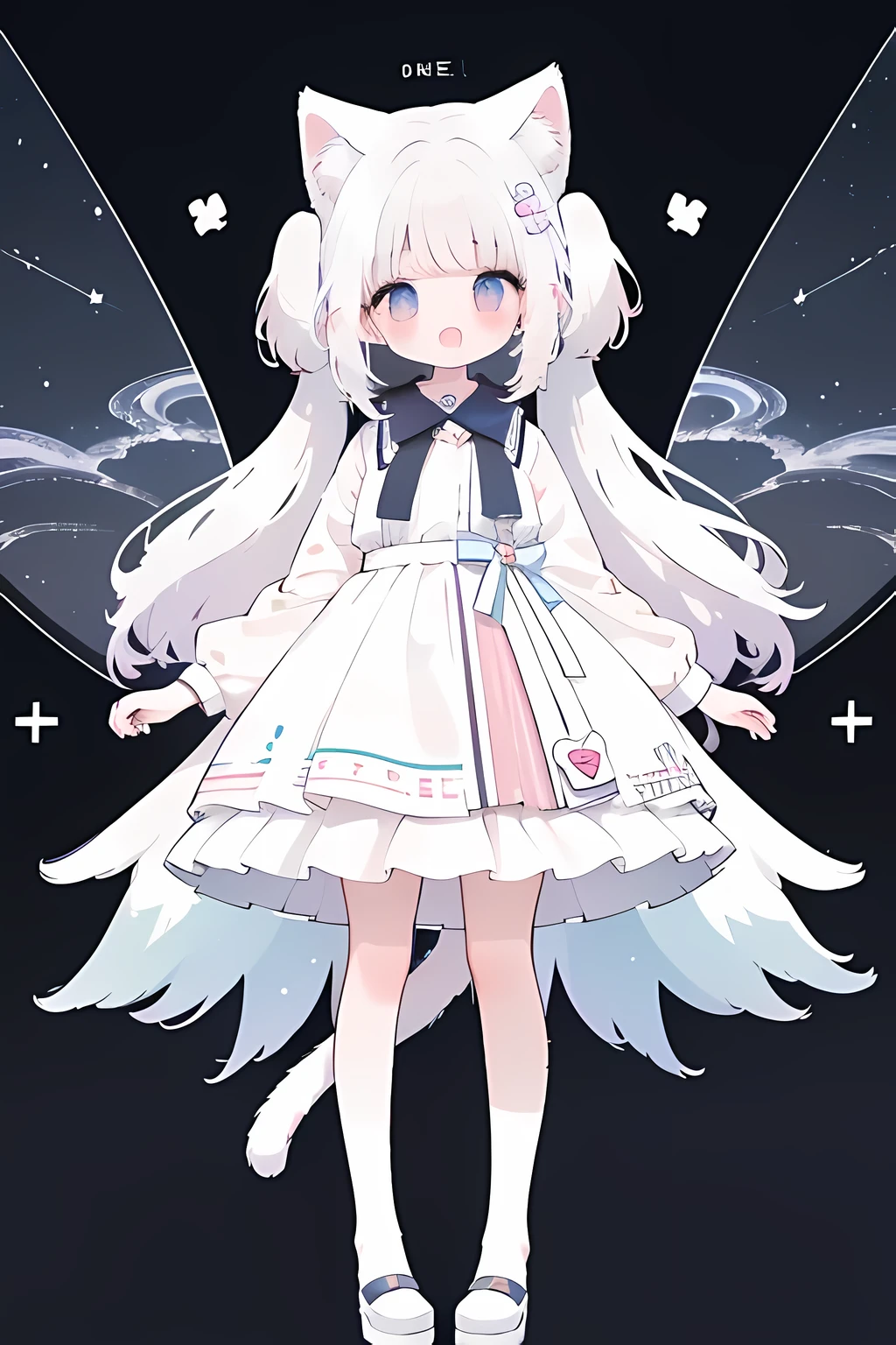 anime full body visual illustration,best quality, expressive eyes, perfect face, cute , 1girl, looking at front viewer, arms at sides, concert art, no background, streaked hair, white hair, , full body, cat ears , pink sclera, three sided view, smile open mouth, no tail, marshmellow blue and white dress, virtual youtuber, standing pose