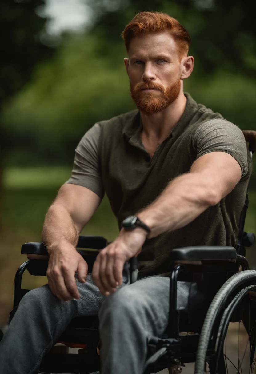 (best quality,high-res,ultra-detailed:1.2),photorealistic portrait,red-haired muscular man and wheelchair-bound (paraplegic man), detailed red hair and body hair, shirtless, hot summer day, full-body shot, vivid colors, vibrant and sunny atmosphere