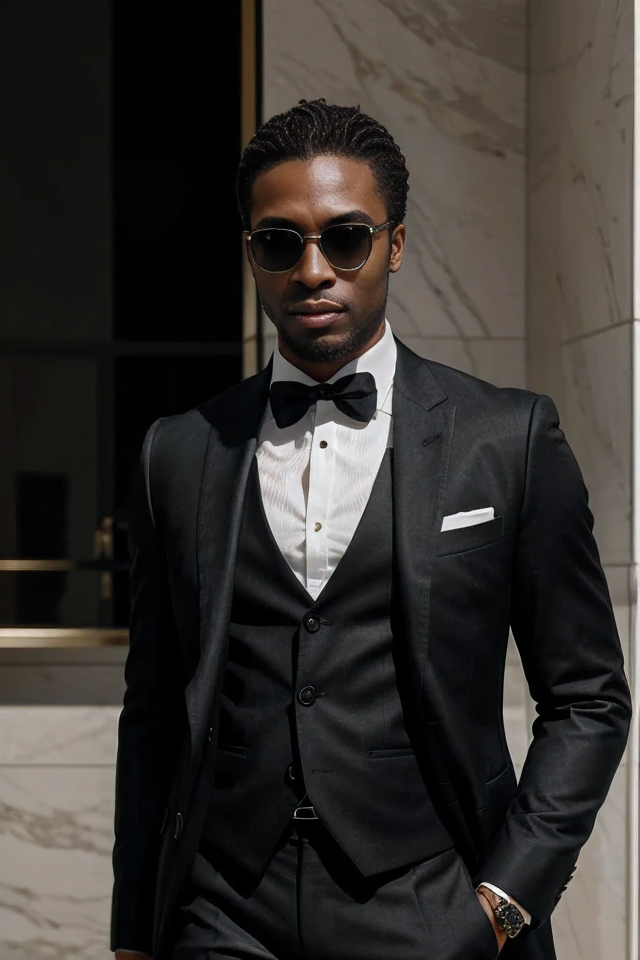 Para uma campanha de luxo, create an illustration of a stylish black man in a sophisticated suit, embodying confidence and charm with sunglasses. Captured in dynamic pose, ele olha diretamente para o espectador, creating a connection. Minimalist backdrop highlights your figure, with lighting that details the suit and glasses, enfatizando a qualidade. This art does not'I don't just show style, but evokes aspiration for luxury and sophistication, representing the essence of the brand.