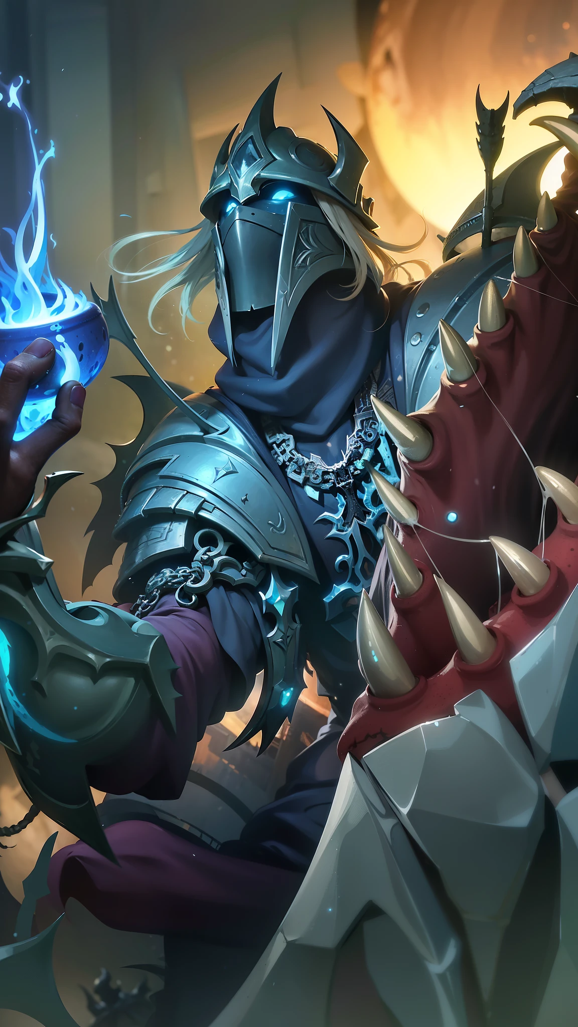 masterpiece, ((perfect eyes)) best quality, (semirealism:1.9), beautiful lighting, (extremely detailed CG unity 4k fhd wallpaper), High Detail, Sharp focus, dramatic outdoors, a close up of a person holding a fire and a sword, deathknight, arthas, arthas menethil, death knight, painted portrait of mordekaiser, hearthstone art, darksiders art style, hearthstone card art, darksiders style, lich king, splash art, world of warcraft splash art, fantasy hearthstone art style, hearthstone style art, the lich king.