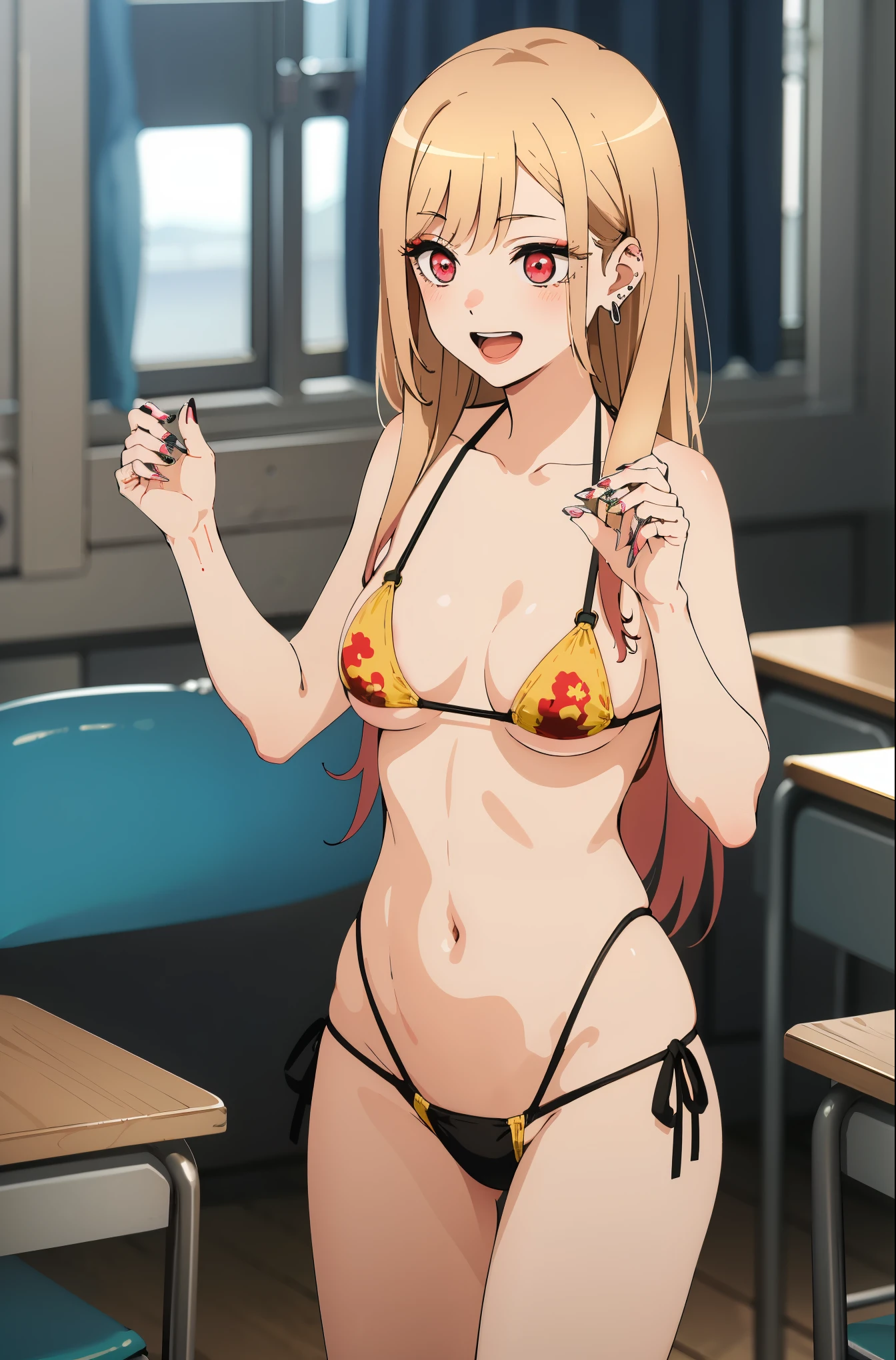 best quality, (masterpiece:1.2), detailed,
Beichuan Marine SB,
1 girl, alone, open mouth, Smile, teeth,
long hair, blonde hair, red eyes, colorful hair, earrings,
(micro bikini:1.4)
Permanently installed, looking at the audience,
classroom