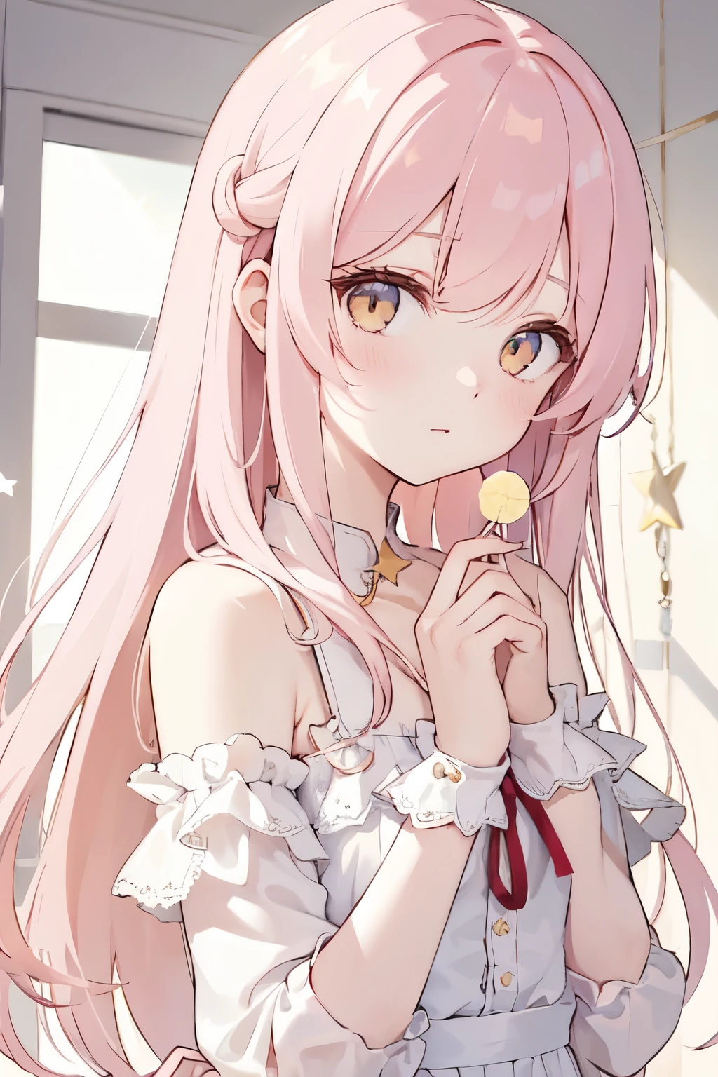 a girl, light pink straight hair，Hair length to shoulders，Qi bangs，golden eyes，golden star hairpin，Holding star shaped lollipop in hand，Correct hand structure, Perfect hand details, Perfect hand structure, Perfect finger structure