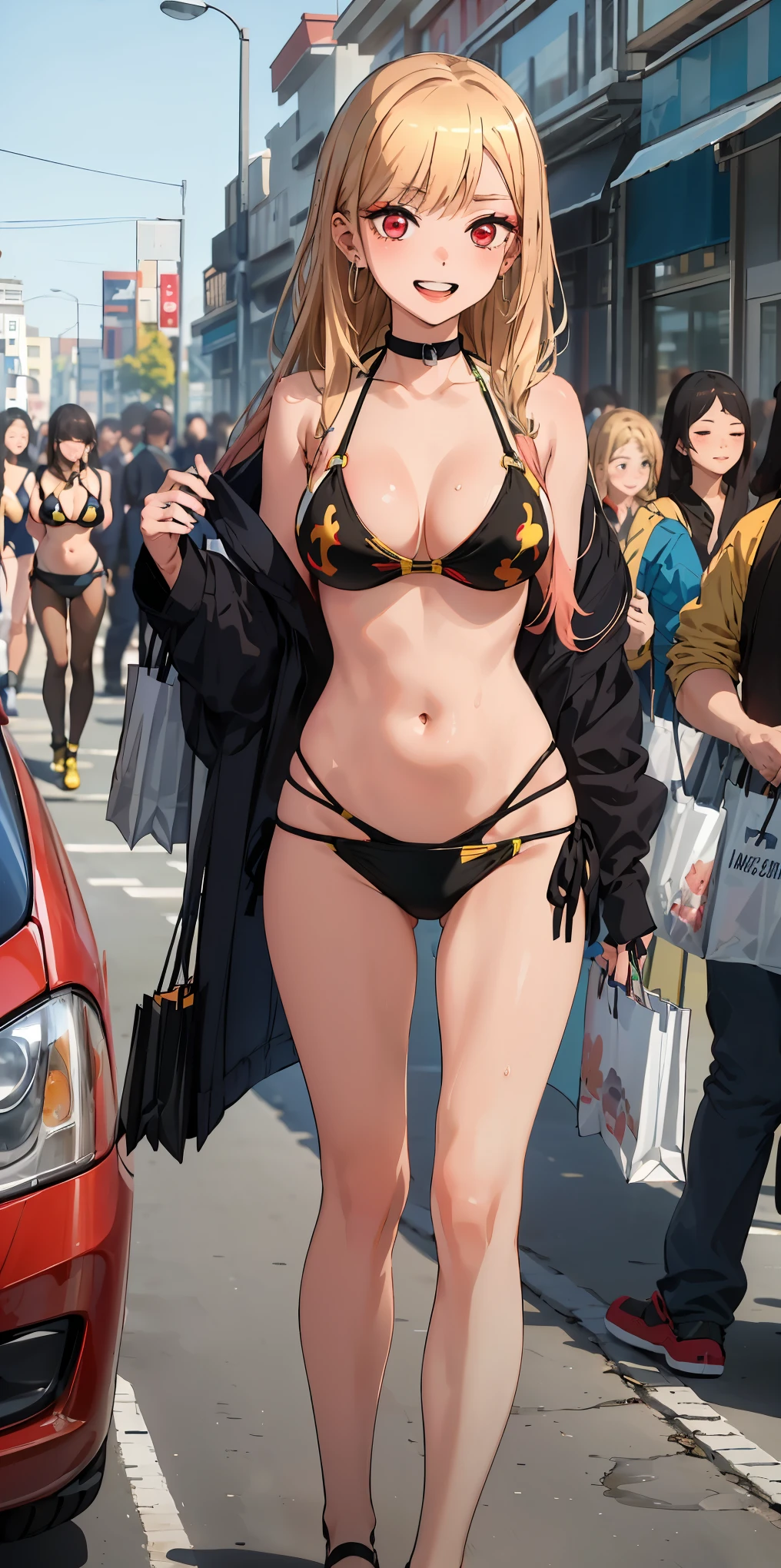 best quality, (masterpiece:1.2), detailed,
Beichuan Marine SB,
1 girl, alone, teeth, bright smile, earrings,
long hair, blonde hair, red eyes, colorful hair, black ribbon, black collar,
(((bikini))), (((白色bikini))),
Permanently installed, looking at the audience,
Outdoor activities, Shopping