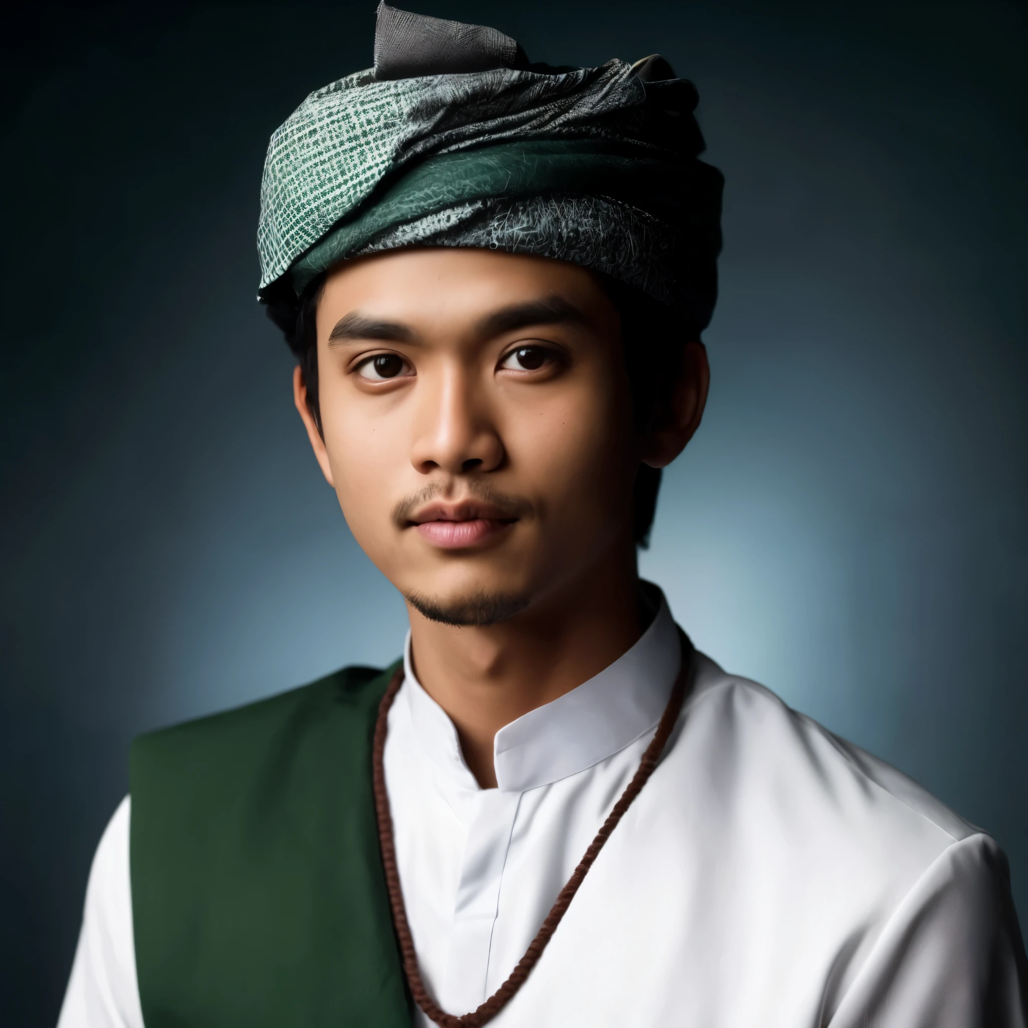 seorang pria indonesia umur 23 tahun, wajah berbentuk oval, (wajah sangat bersih), mengenakan pakaian tradisional, termasuk jubah putih dan mantel hijau. Di kepalanya memakai songkok warna hitam. Latar belakang gambar berwarna biru tua yang kabur, menatap kamera. cahaya alami, kualitas terbaik, mata realistis, sangat detail, resolusi ultra tinggi, long shot