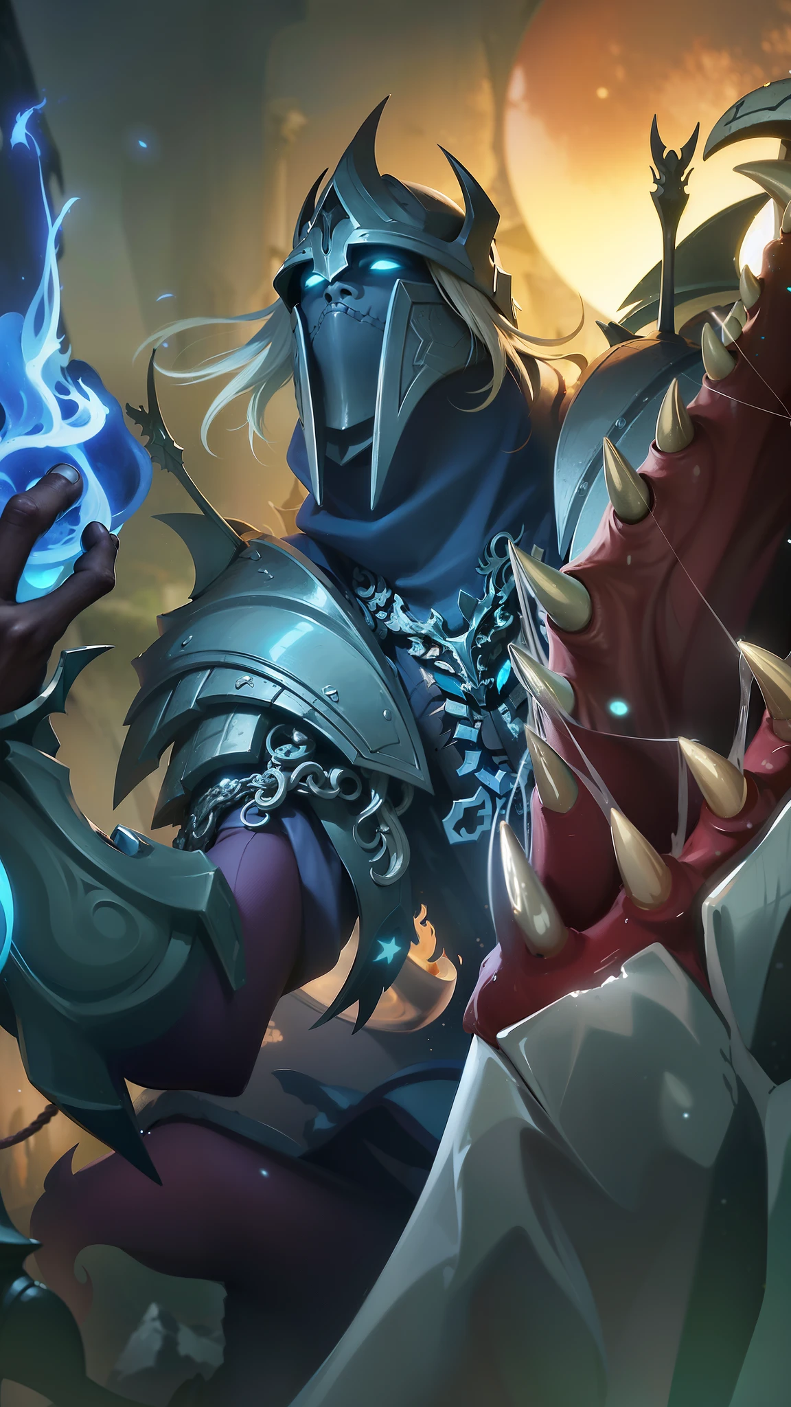 masterpiece, ((perfect eyes)) best quality, (semirealism:1.9), beautiful lighting, (extremely detailed CG unity 4k fhd wallpaper), High Detail, Sharp focus, dramatic outdoors, a close up of a person holding a fire and a sword, deathknight, arthas, arthas menethil, death knight, painted portrait of mordekaiser, hearthstone art, darksiders art style, hearthstone card art, darksiders style, lich king, splash art, world of warcraft splash art, fantasy hearthstone art style, hearthstone style art, the lich king.