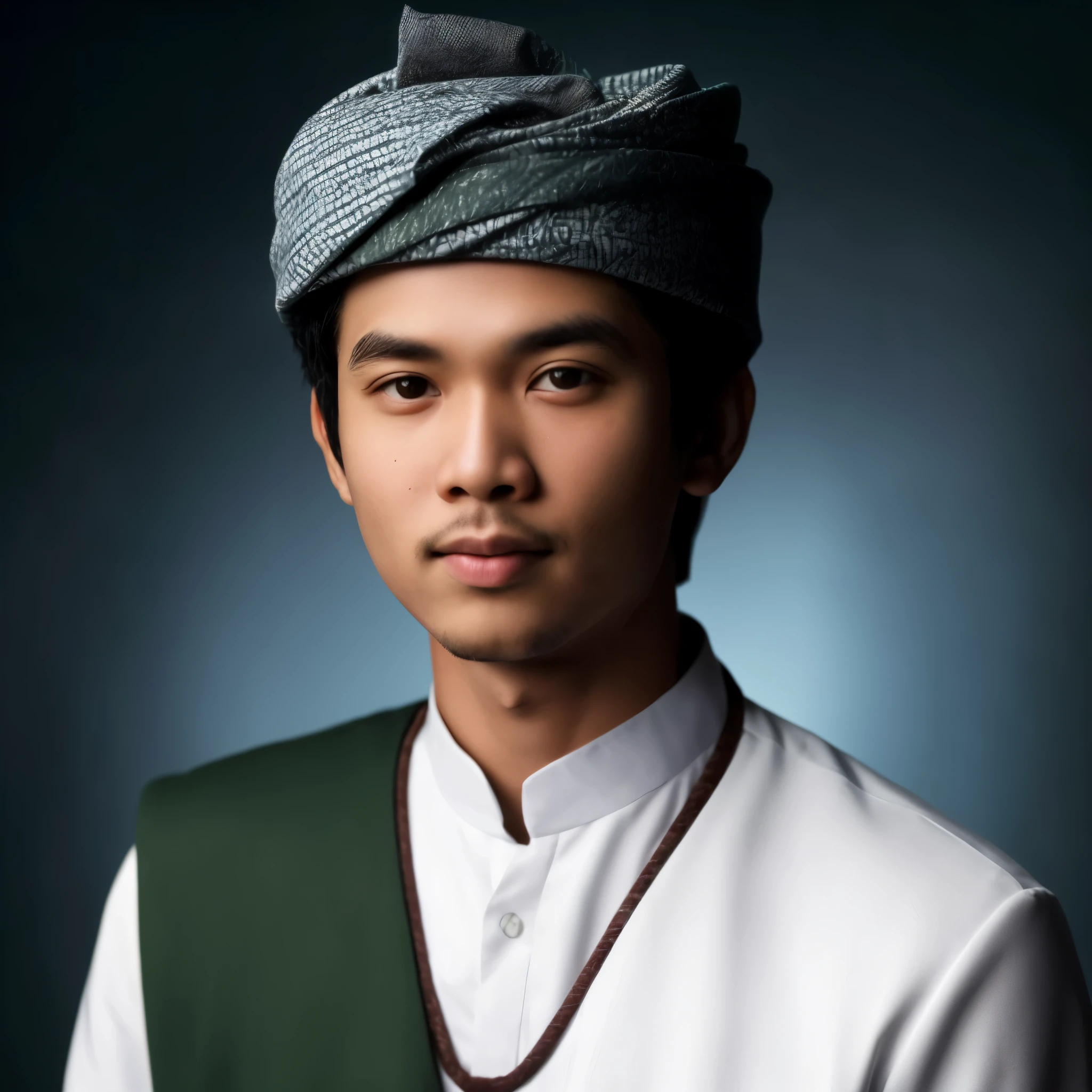 seorang pria indonesia umur 23 tahun, wajah berbentuk oval, (wajah sangat bersih), mengenakan pakaian tradisional, termasuk jubah putih dan mantel hijau. Di kepalanya memakai songkok warna hitam. Latar belakang gambar berwarna biru tua yang kabur, menatap kamera. cahaya alami, kualitas terbaik, mata realistis, sangat detail, resolusi ultra tinggi, long shot