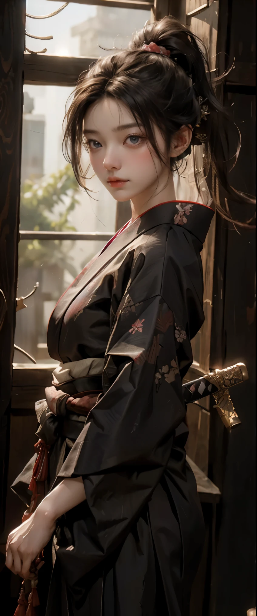 masterpiece、highest quality、超High resolution、realistic skin texture、Wearing a Japanese kimono and hakama、(He has a sword at his waist.)、photorealistic、High resolution、Raw photo、shiny skin、realistic skin texture、best lighting、shine、dramatic lighting、dynamic pose、Japan wooden house、Female Samurai、swing a sword、1girl、balanced eyes、Wearing a Japanese kimono and hakama、ponytail、Blue eyes、look at the audience、 big breasts、big ass、