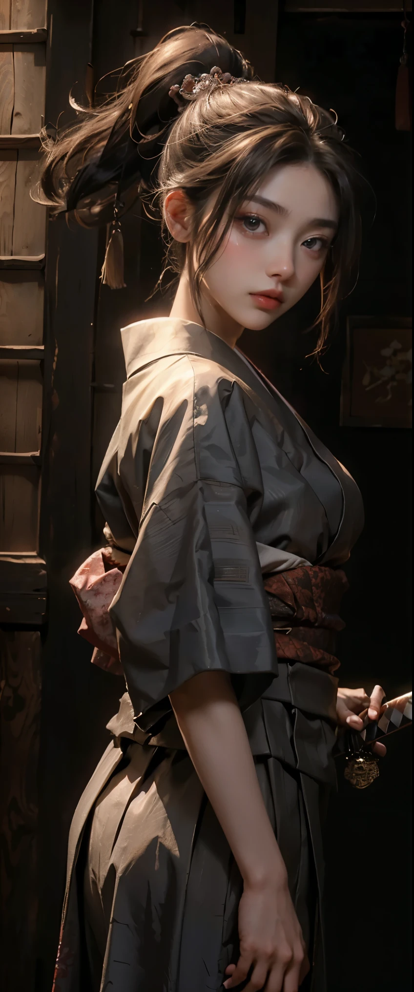 masterpiece、highest quality、超High resolution、realistic skin texture、Wearing a Japanese kimono and hakama、(He has a sword at his waist.)、photorealistic、High resolution、Raw photo、shiny skin、realistic skin texture、best lighting、shine、dramatic lighting、dynamic pose、Japan wooden house、Female Samurai、swing a sword、1girl、balanced eyes、Wearing a Japanese kimono and hakama、ponytail、Blue eyes、look at the audience、 big breasts、big ass、