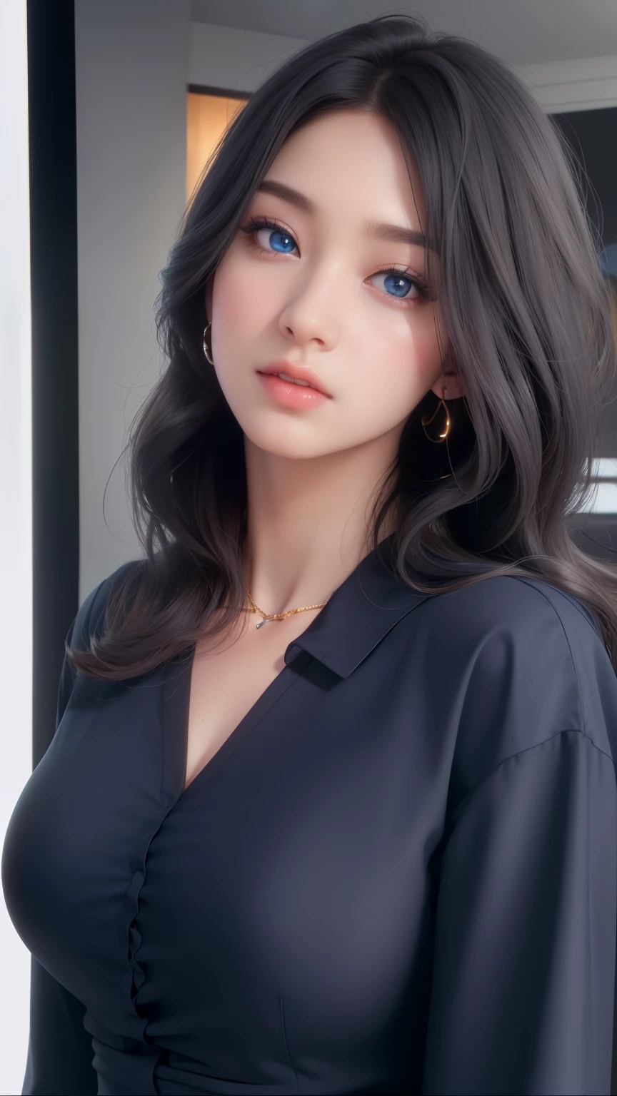 Beautiful big breastokeh), indoors, detailed luxury living room, gentle and charming beautiful goddess, Korean(kpop-idol), solo, necklace, oval face, double eyelids, smart, good hands, good feet, Natural, (from below angle), (glossy skin:1.05), ((low angle)), Perfect figure, (64k, UHD, RAW photo, best quality, masterpiece:1.4), (realistic, photo-realistic:1.37), ultra high res, photon mapping, radiosity, physically-based rendering, professional soft lighting, blue eyes, purpel hair