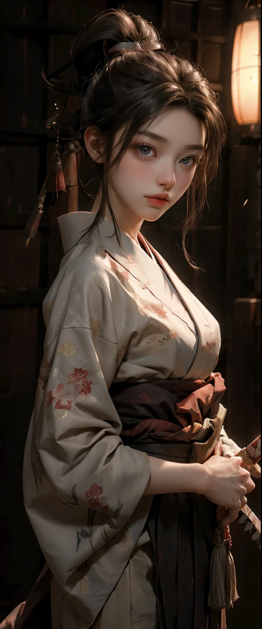 masterpiece、highest quality、超High resolution、realistic skin texture、Wearing a Japanese kimono and hakama、(He has a sword at his waist.)、photorealistic、High resolution、Raw photo、shiny skin、realistic skin texture、best lighting、shine、dramatic lighting、dynamic pose、Japan wooden house、Female Samurai、swing a sword、1girl、balanced eyes、Wearing a Japanese kimono and hakama、ponytail、Blue eyes、look at the audience、 big breasts、big ass、