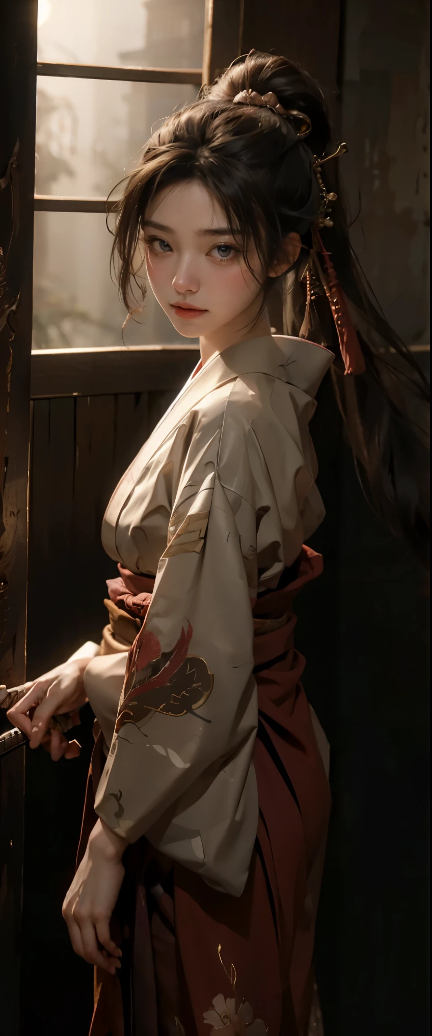 masterpiece、highest quality、超High resolution、realistic skin texture、Wearing a Japanese kimono and hakama、He has a sword at his waist.、photorealistic、High resolution、Raw photo、shiny skin、realistic skin texture、best lighting、shine、dramatic lighting、dynamic pose、Japan wooden house、Female Samurai、swing a sword、1girl、balanced eyes、Wearing a Japanese kimono and hakama、ponytail、Blue eyes、look at the audience、 big breasts、big ass、