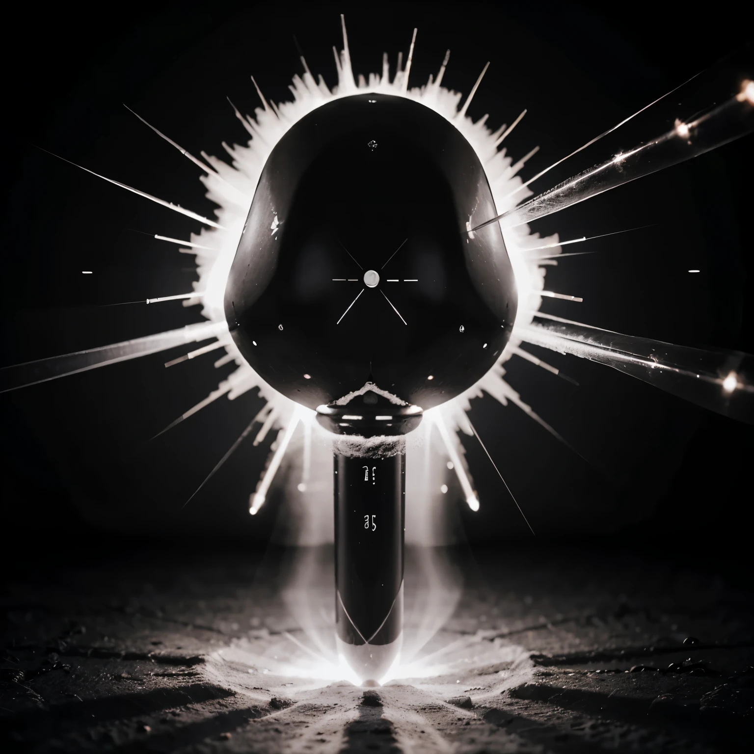 Generate a Black and white diagram of a bullet that releases mercury after penetration of the body