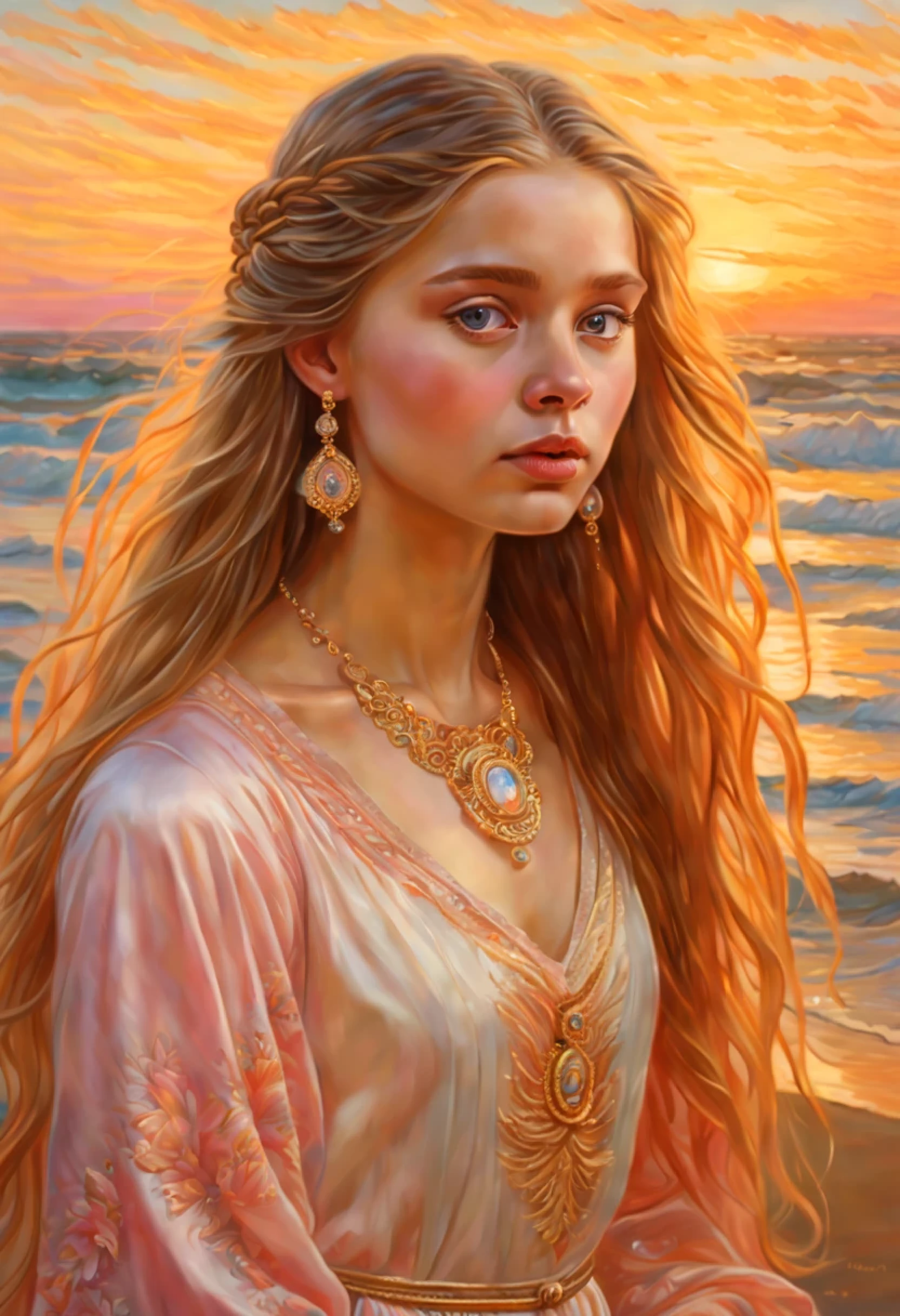 1 girl, calm facial expression, mesmerizing eyes, Straight long hair, flowy dress, Balanced posture, porcelain skin, subtle blush, crystal pendant BREAK golden hour (Victor-Nizovtsev's style), (lush oil painting), difficult, unusual detailing,
((Best quality)), ((Masterpiece)) , ((Realistic)), 8K, expressionism:1.2