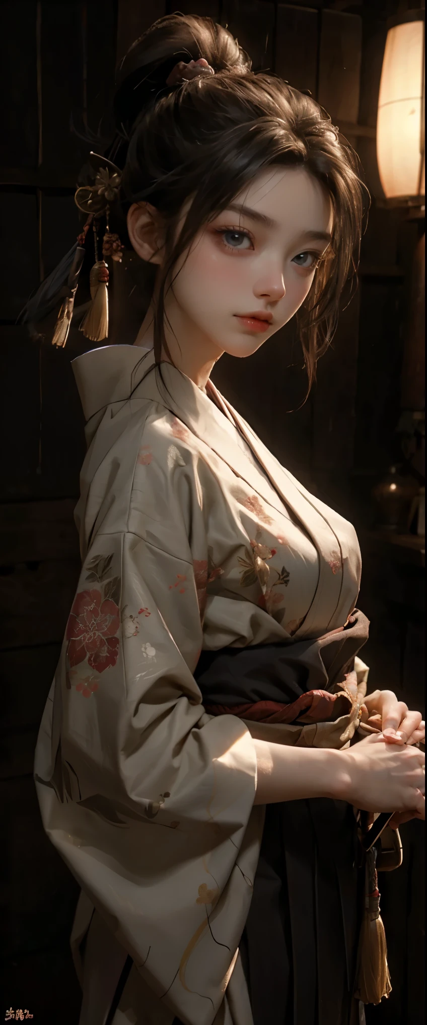 masterpiece、highest quality、超High resolution、realistic skin texture、Wearing a Japanese kimono and hakama、(He has a sword at his waist.)、photorealistic、High resolution、Raw photo、shiny skin、realistic skin texture、best lighting、shine、dramatic lighting、dynamic pose、Japan wooden house、Female Samurai、swing a sword、1girl、balanced eyes、Wearing a Japanese kimono and hakama、ponytail、Blue eyes、look at the audience、 big breasts、big ass、