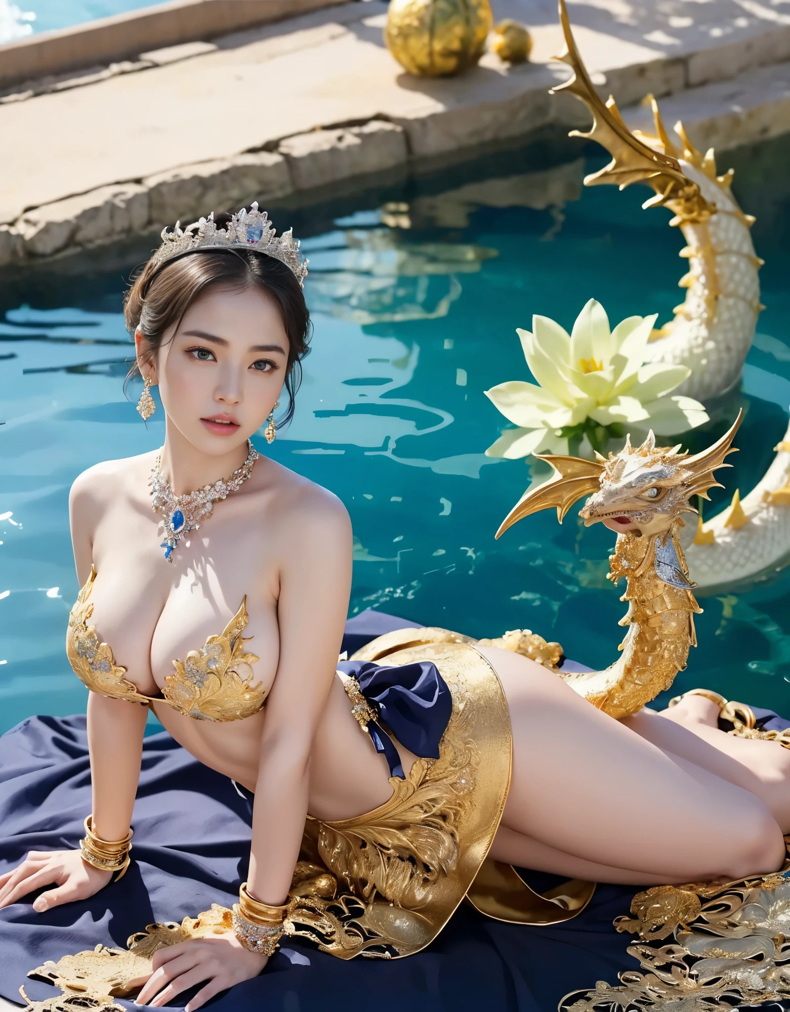 highest quality、masterpiece、超A high resolution、16K photos、（Yellow Dragon Armor）、(((big breasts)))、(((a large flower ornament))),(((Micro bikini with attention to detail))),(wears a beautiful crown made of precious stones),(Photoreal:1.4)、RAW photo、1 girl、(((random hair))、(((take various poses)))、glowing skin、(((white dragon)))、intricate and gorgeous hair ornaments、（Looks like a gorgeous jewelry necklace）、（whole body angle）、（fight big dragonet bikini）、((beautiful sea background)),(beautiful sea background)、((Super realistic details))、Portrait、global illumination、（sexy pose）、Shadow、octane rendering、16K、big breasts、Raw skin exposed in the cleavage、Metal、intricate decorative details、Japan details、very intricate details、blue eyes、Eyes shining towards the camera、two stock、（whole body angle）、（veil）、(((heavy big))),((she is wearing a beautiful jeweled bangle.)),