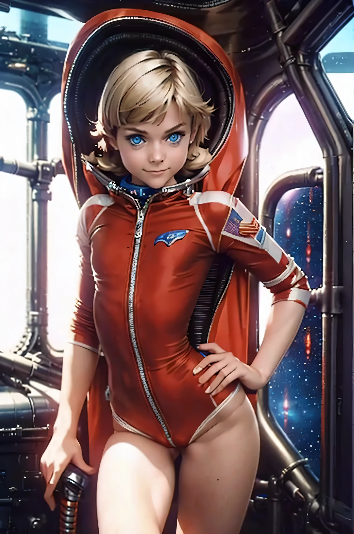 1 woman,5 years,,small ,small андероло,(Background with:spaceship,Artificial satellite,) She has blonde hair,Встаньте на spaceship,visible from the front, Mostly cloudy skies,(((the masterpiece),(Очень подробные обои CG Unity 8K),Best quality,cinematic lighting,detailed background,beautiful detailed eyes,bright students,Blue eyes,(very good and beautiful),(Beautiful and detailed description of the eyes),ultra - detailed,the masterpiece,)),Facing the camera,A high resolution,ultra - detailed),breast-baring,Bare genitals, convex,Legs open,raised sexy,camel toe,Flushed complexion,smile,Desire for dissatisfaction,facade,,astronaut,(Tedious:Spacesuit), (red and white pilot suit, Tight clothes, beauty, cheerful, beautiful, slender body, exoskeleton) Alisa Selezneva, (Xenomorph, fuse of human and Xenomorph, girl and xenomorph fuse), A sense of humor