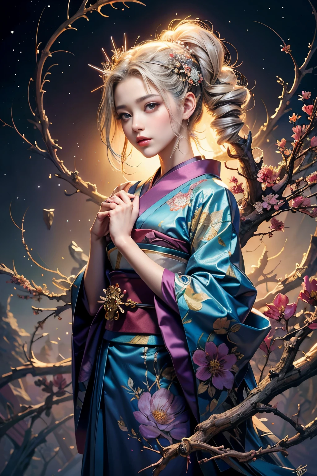 (masterpiece, highest quality, highest quality, official art, beautiful and aesthetic:1.2), (1 girl), very detailed,(fractal art:1.3),colorful,most detailed wearing a Japanese kimono Silver plum blossom motif thorns of thorns thorns of thorns Silver plum blossoms are falling Bewitching Japanese style Myrtos Myrtos Myrtos bright colors pastel tone Thorn Princess Thorn Princess luxury 華美Myrtos Myrtosが咲き乱れる