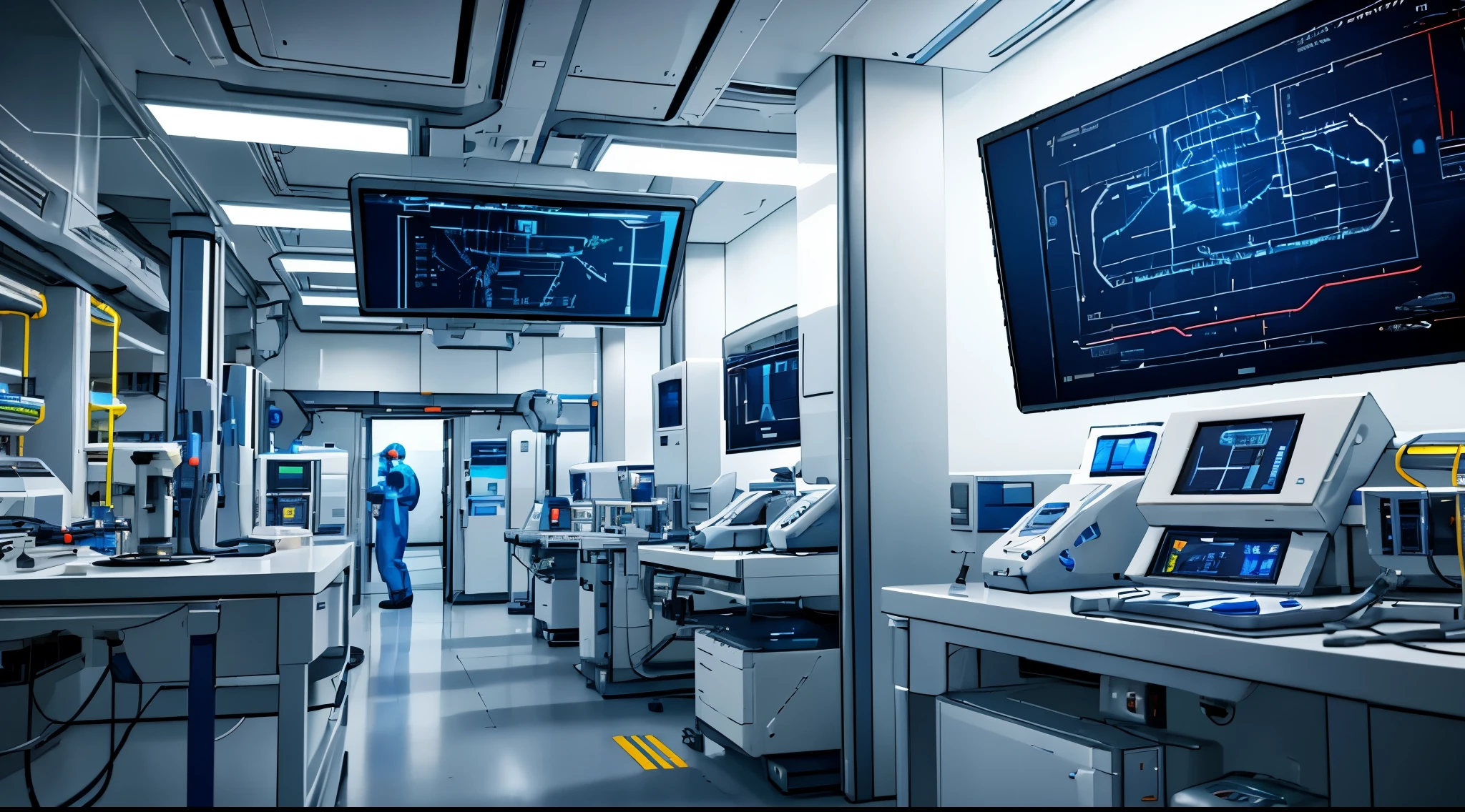 In a futuristic laboratory, Scientists are diligently researching an unknown virus. They are surrounded by state-of-the-art equipment and advanced technology, emphasizing the cutting-edge nature of their work. The laboratory is meticulously designed with utmost Precautionary measures in place, featuring sealed biological containment chambers and scientists wearing Protective suits. The stage is illuminated with bright light., white led lights, creating a clean and Sterile environment. Scientists are absorbed in their research, studying the virus under Microscopes and analyzing data on in high definitionolution screens. The laboratory is filled with sophisticated machinery such as gene sequencers, robotic weapons, and futuristic computer interfaces. The atmosphere is filled with an air of urgency and excitation as the scientists strive to unravel the mysteries of the virus. The color palette is predominantly cool, with a predominance of shades of blue and silver, reflecting the laboratory's futuristic aesthetic. The purpose of a work of art is to convey the essence of technological progress., Research, and the importance of security measures in the face of an unknown threat. (Best quality, 4k, in high definition, ultra detailed), (Realistic:1.37), HDR, professional, Bright colors, futuristic, laboratory, scientists are investigating an unknown virus, advanced technology, Precautionary measures, sealed biological containment chambers, Protective suits, bright LED lights, Sterile environment, Microscopes, in high definitionolution screens, gene sequencers, robotic weapons, futuristic computer interfaces, urgency, excitation, color palette of blue and silver.