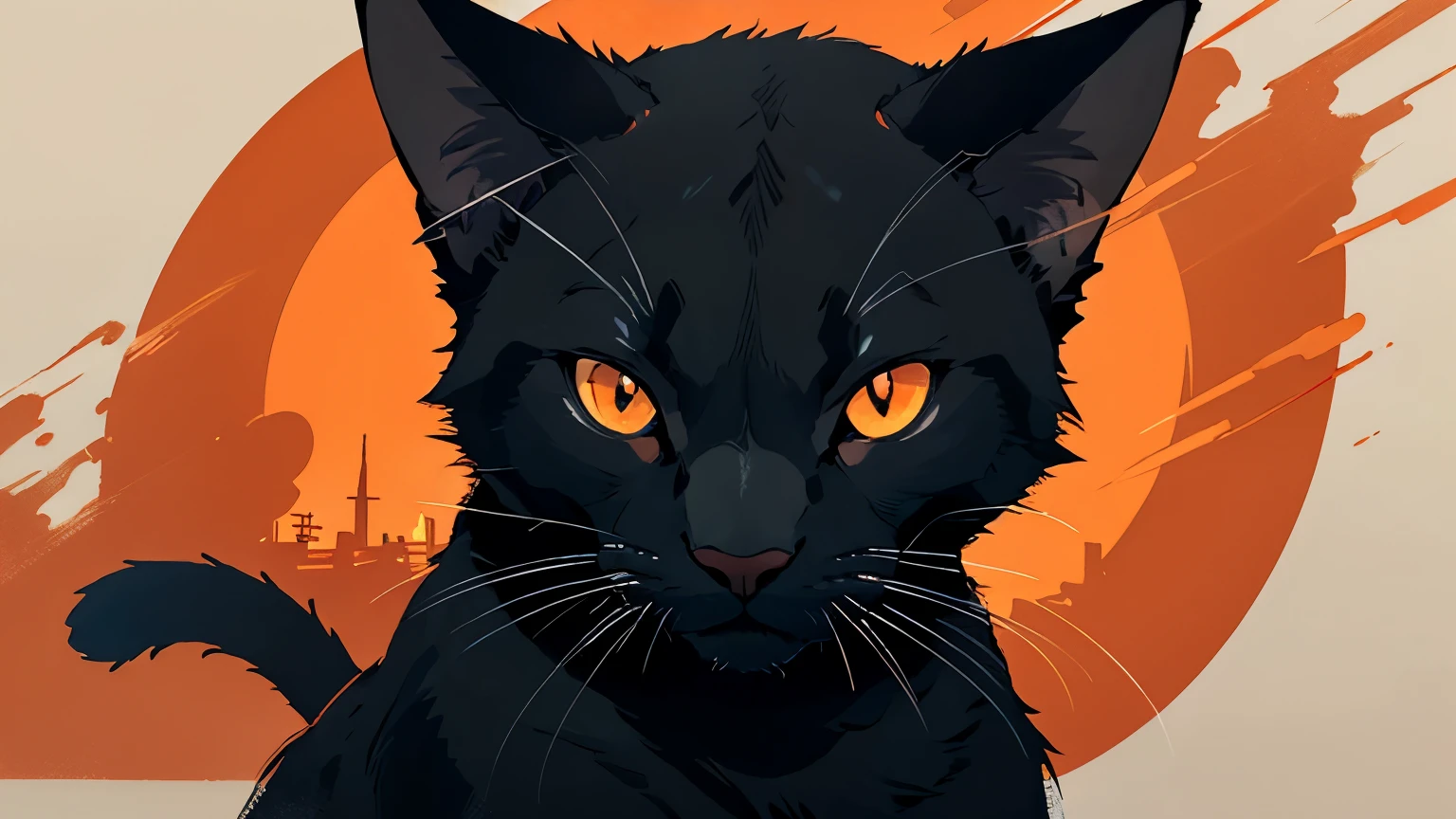 dark art of an all-black samurai cat with magical orange eyes, full of light effects and lines, the front part is well framed in the camera, without cutting details, Japanese anime style, full 8k quality, 16:9 format, landscape