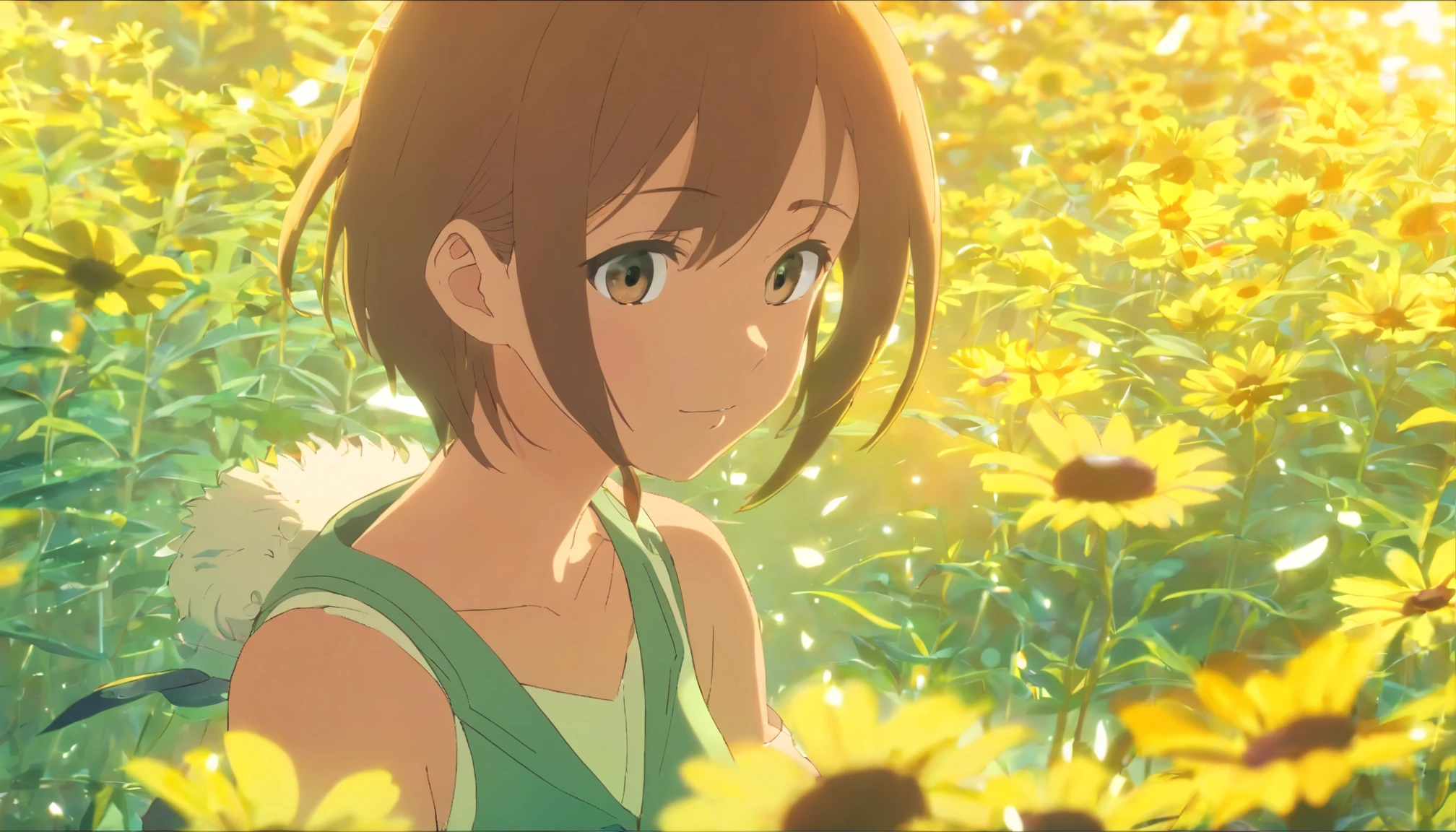 tmasterpiece,best qualtiy,cinematic Film still from,1girl,Cloud Girl,Float on flowers,closeup cleavage,brightly,cheerfulness,Warm and soft lighting,sunraise,(spark of light:0.7)