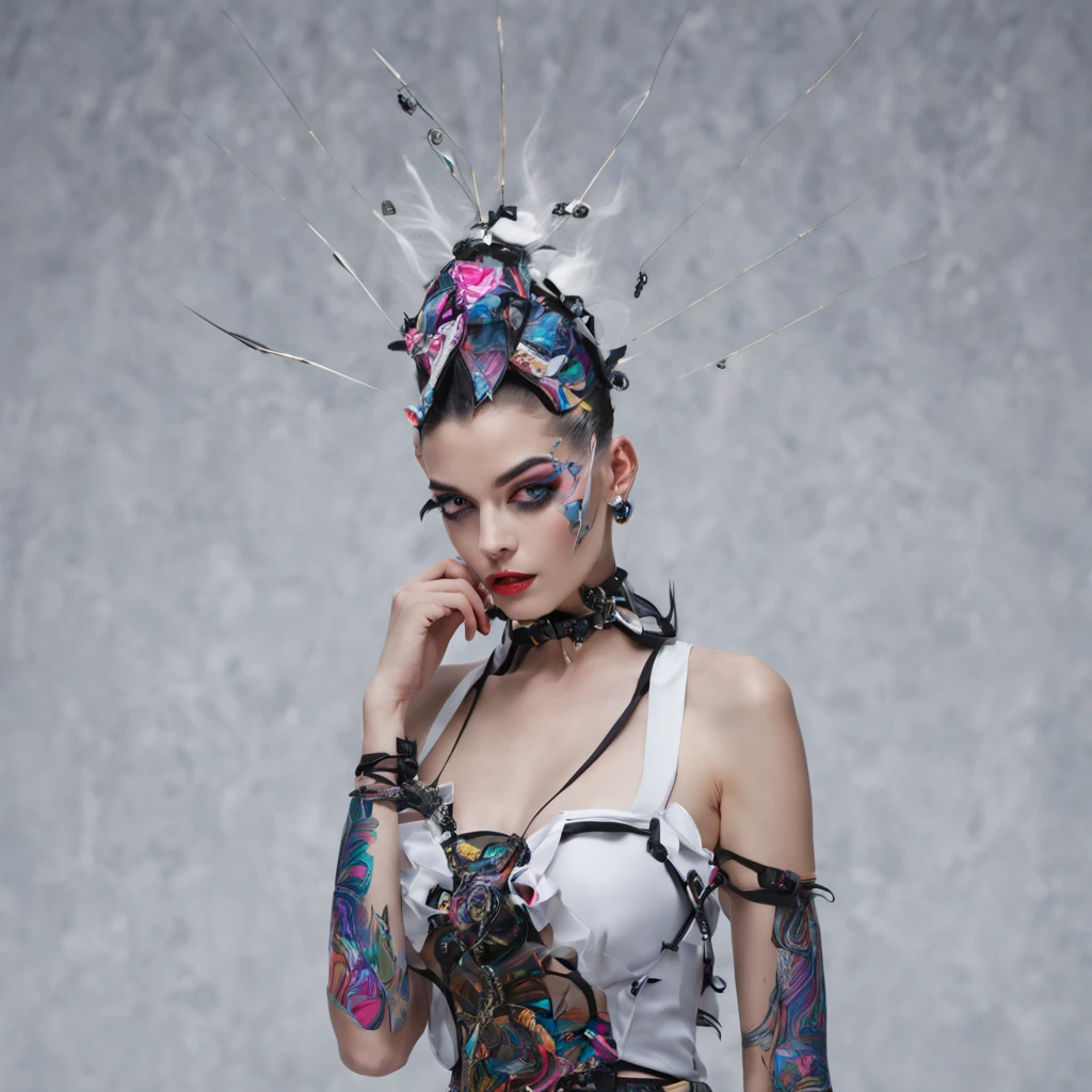 's flawless, porcelain-like skin. The intricate details of her cyberpunk-inspired outfit are truly a work of art, with bold colors and patterns that catch the eye and demand attention. From the eye-catching accessories adorning her fingers and wrists to the trendy and innovative hairstyle that defies gravity, Maxine exudes confidence and uniqueness in every aspect. The cityscape behind her is a cyberpunk lover's dream, with towering skyscrapers reaching towards the sky, adorned with vibrant neon signs and LED lights that create a mesmerizing display of bright and vivid colors. Every pixel of this illustration is meticulously crafted to ensure the highest quality and ultra-detailed depiction of Maxine's face, showcasing her flawless complexion, perfectly arched eyebrows, and delicately applied