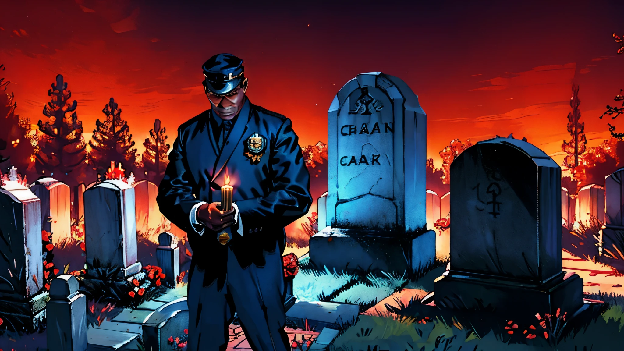 Cemetery security guard lighting a candle on a dense and heavy night