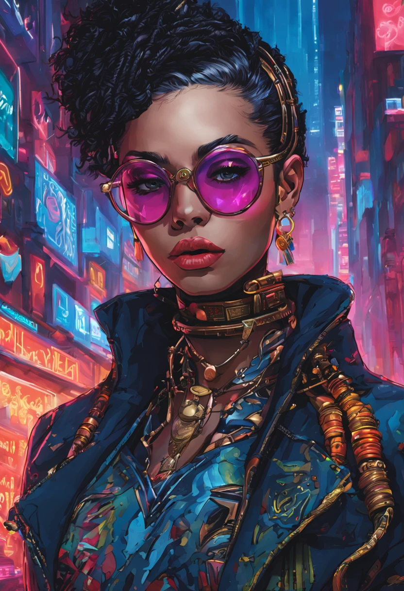 's flawless, porcelain-like skin. The intricate details of her cyberpunk-inspired outfit are truly a work of art, with bold colors and patterns that catch the eye and demand attention. From the eye-catching accessories adorning her fingers and wrists to the trendy and innovative hairstyle that defies gravity, Maxine exudes confidence and uniqueness in every aspect. The cityscape behind her is a cyberpunk lover's dream, with towering skyscrapers reaching towards the sky, adorned with vibrant neon signs and LED lights that create a mesmerizing display of bright and vivid colors. Every pixel of this illustration is meticulously crafted to ensure the highest quality and ultra-detailed depiction of Maxine's face, showcasing her flawless complexion, perfectly arched eyebrows, and delicately applied