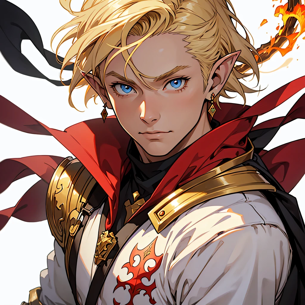 medieval anime art, masterpiece, best quality, by professional artist, male, solo, upper body portrait, detailed composition, detailed eyes, (((white background))), short blond hair, elf, earrings, wearing red and yellow armor, fire magic